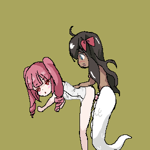 hyperlolicrisis, hanazono yurine, jashin-chan, jashin-chan dropkick, animated, animated gif, 2girls, bath towel, blonde hair, breasts, dark skin, from behind, futa with female, futanari, hair ribbon, multiple girls, nipples, pixel art, red eyes, red hair, ribbon, sex, small breasts, snake tail, tail, twintails