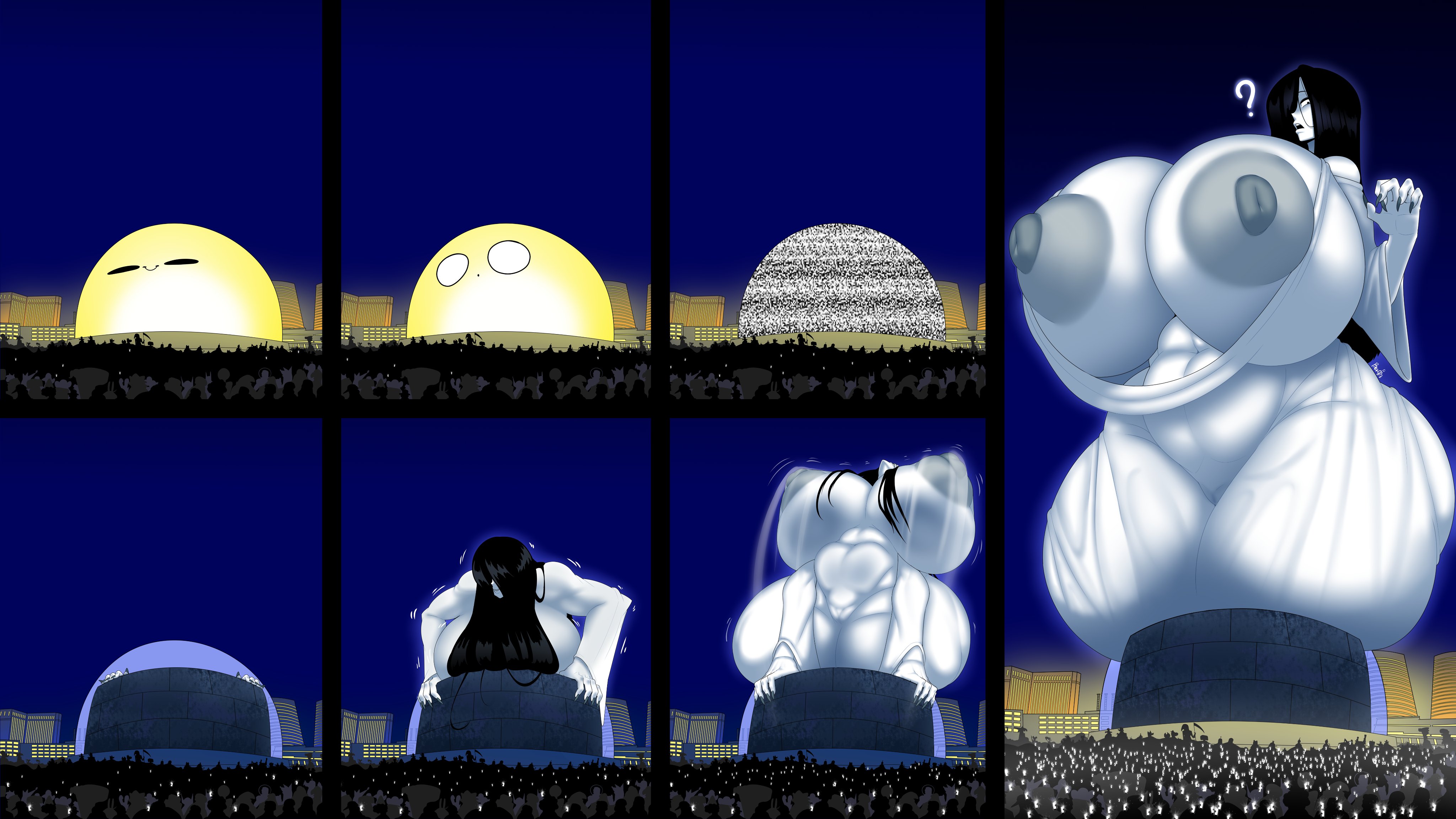 ber00, yamamura sadako, the ring, absurdres, highres, 1girl, ?, breasts, breasts out, colored skin, curvy, female focus, fingernails, gigantic breasts, hair over one eye, las vegas sphere, long fingernails, long hair, thick thighs, thighs, white skin, wide hips