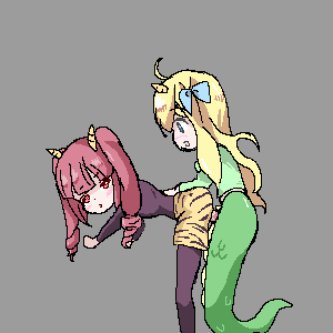 hyperlolicrisis, hanazono yurine, jashin-chan, jashin-chan dropkick, animated, animated gif, 2girls, blonde hair, breasts, from behind, futa with female, futanari, hair ribbon, horns, multiple girls, pixel art, red eyes, red hair, ribbon, sex, shorts, small breasts, snake tail, tail, twintails