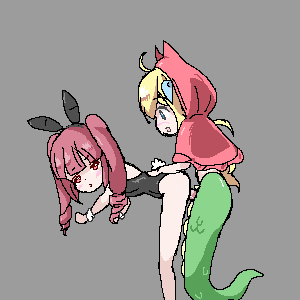 hyperlolicrisis, hanazono yurine, jashin-chan, jashin-chan dropkick, animated, animated gif, 2girls, blonde hair, breasts, from behind, futa with female, futanari, hair ribbon, hood, multiple girls, nipples, pixel art, rabbit ears, red eyes, red hair, ribbon, sex, small breasts, snake tail, tail, twintails