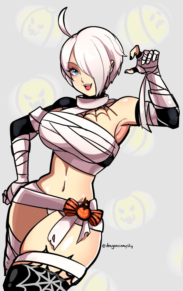 d-ryuu, dragonsinmysky, angel (kof), the king of fighters, 1girl, blue eyes, bodypaint, breasts, curvy, halloween, halloween costume, hand up, huge breasts, large breasts, looking at viewer, mummy, mummy costume, open mouth, pale skin, short hair, smile, smiley face, standing, thick thighs, thighs, white hair