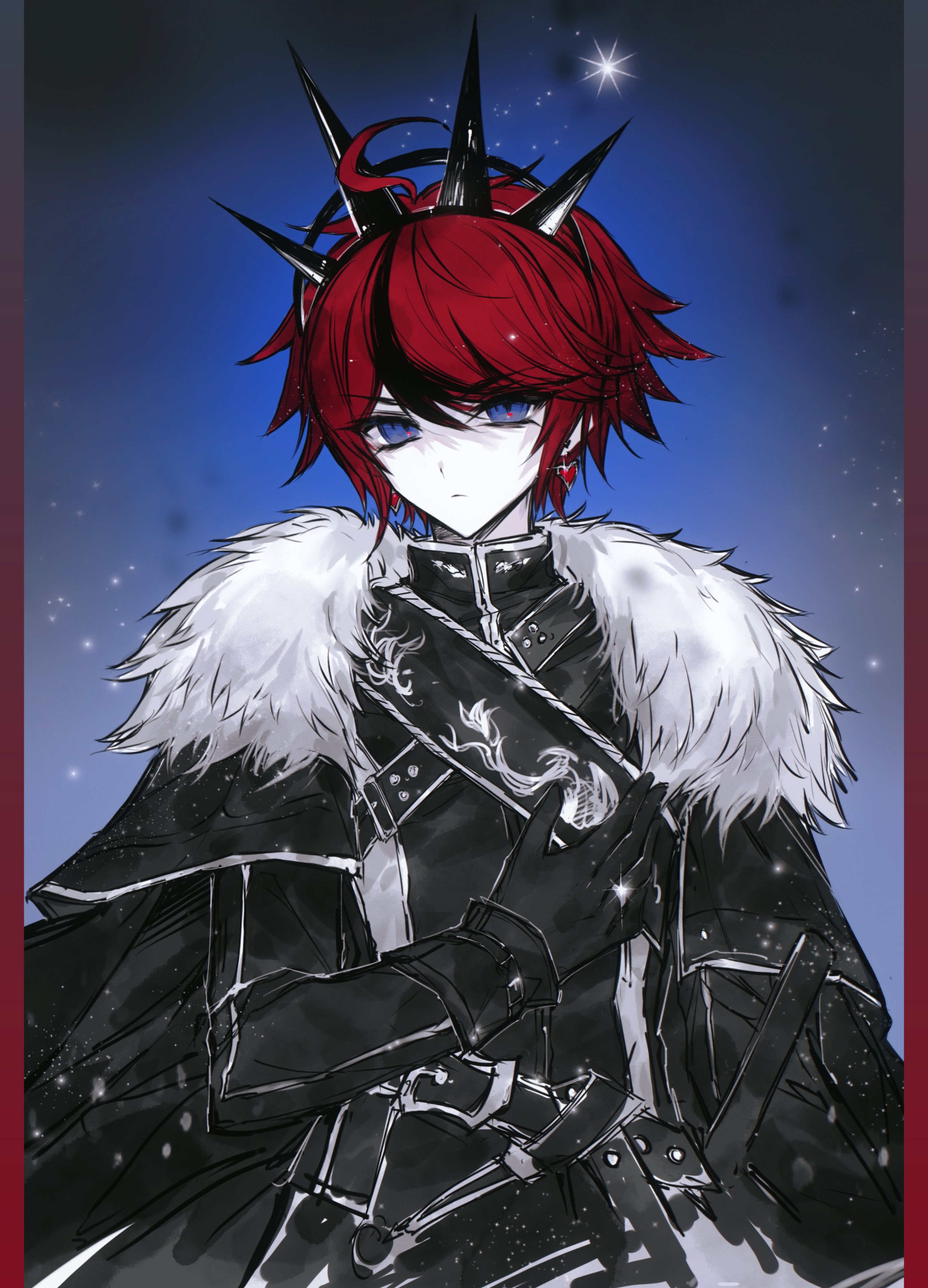 sumino takumi, the hundred line -last defense academy-, absurdres, chinese commentary, commentary request, highres, variant set, 1boy, ahoge, alternate costume, belt, black belt, black cape, black gloves, black hair, black jacket, blue background, blue eyes, cape, closed mouth, colored skin, crown, earrings, expressionless, fur-trimmed cape, fur trim, gloves, hair between eyes, hand up, heart, heart earrings, jacket, jewelry, light particles, looking at viewer, male focus, multicolored hair, red hair, short hair, slice (xhs 2272753733), solo, streaked hair, tsurime, two-tone hair, upper body, white skin