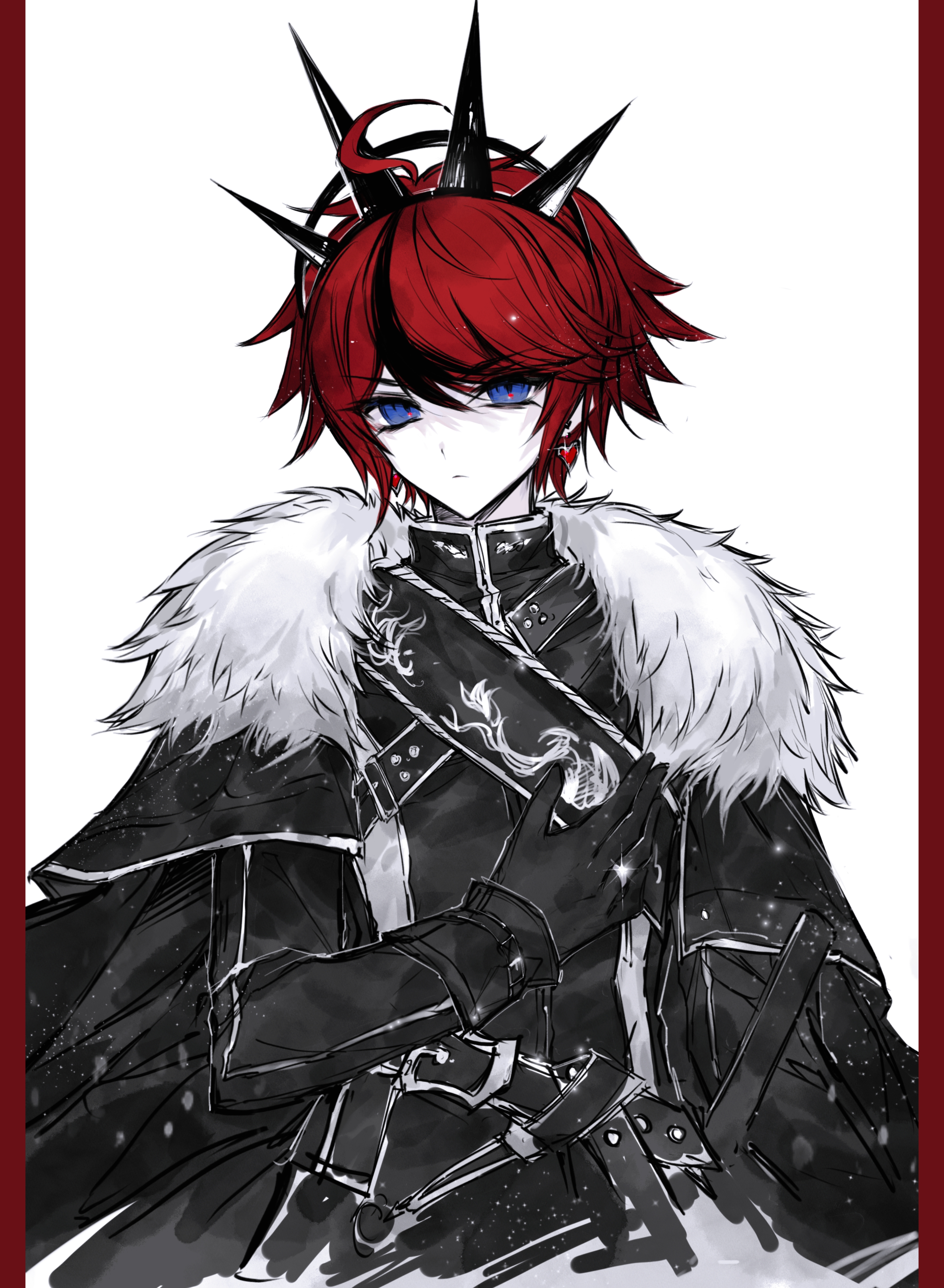 sumino takumi, the hundred line -last defense academy-, absurdres, chinese commentary, commentary request, highres, variant set, 1boy, ahoge, alternate costume, belt, black belt, black cape, black gloves, black hair, black jacket, blue eyes, cape, closed mouth, colored skin, crown, earrings, expressionless, fur-trimmed cape, fur trim, gloves, hair between eyes, hand up, heart, heart earrings, jacket, jewelry, light particles, looking at viewer, male focus, multicolored hair, red hair, short hair, simple background, slice (xhs 2272753733), solo, streaked hair, tsurime, two-tone hair, white background, white skin