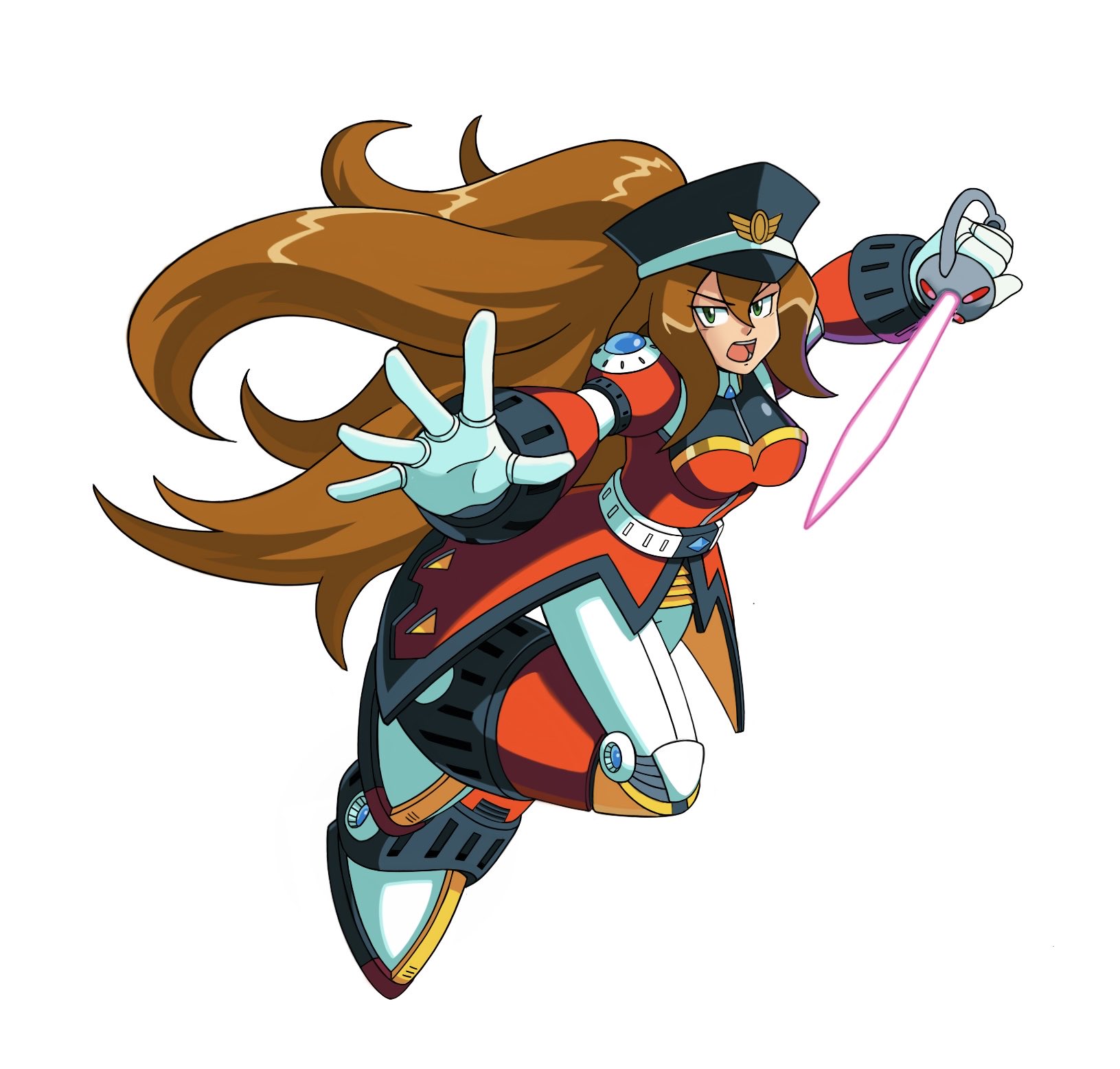 sprinqgueen, colonel (mega man), iris (mega man), mega man (series), mega man x4, mega man x (series), commentary, english commentary, highres, 1girl, android, armor, black hair, breasts, brown hair, energy sword, floating hair, full body, fusion, green eyes, hat, holding, holding sword, holding weapon, long hair, open mouth, outstretched arm, peaked cap, simple background, solo, sword, very long hair, weapon, white background