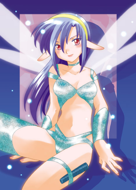 artist request, character request, 1girl, blue background, blue hair, blue shirt, blue shorts, blue thighhighs, blush, breasts, choker, cleavage, collarbone, fairy, fairy wings, hairband, long hair, looking at viewer, medium breasts, midriff, navel, pointy ears, red eyes, shirt, short shorts, shorts, single thighhigh, sitting, sleeveless, sleeveless shirt, smile, thigh strap, thighhighs, wings