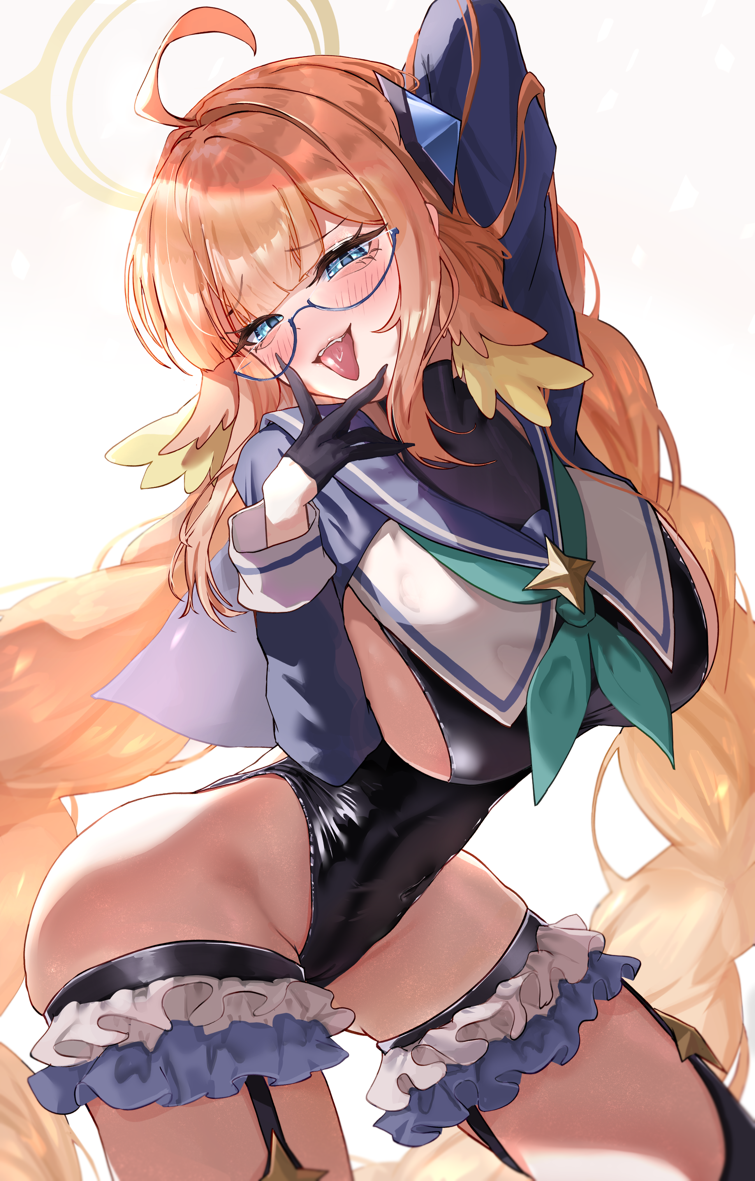 nekoplanetouo, shimiko (blue archive), shimiko (magical) (blue archive), blue archive, absurdres, commentary request, highres, 1girl, :p, ahoge, aqua neckerchief, arm behind head, black garter straps, black gloves, black leotard, blue-framed eyewear, blush, braid, breasts, feather hair, frilled thigh strap, garter straps, glasses, gloves, gradient background, grey background, half gloves, halo, highleg, highleg leotard, large breasts, leotard, long hair, looking at viewer, neckerchief, official alternate costume, open mouth, orange hair, sailor collar, saliva, shrug (clothing), sideboob, simple background, solo, thigh strap, thighs, tongue, tongue out, twin braids, very long hair, white background, yellow halo