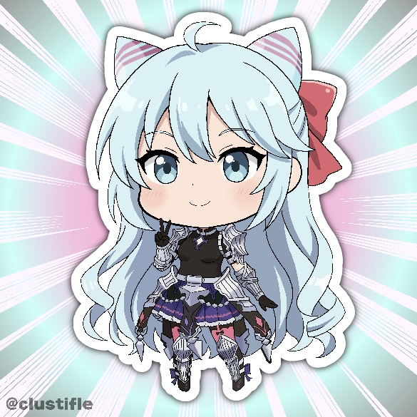 rosado (fire emblem), fire emblem, fire emblem engage, nintendo, commentary, english commentary, 1boy, androgynous, armor, armored boots, armored skirt, black gloves, black pantyhose, black shirt, blue eyes, blue hair, boots, bow, chibi, chibi only, cleavage cutout, clothing cutout, clustifle, cone hair bun, crossdressing, crossdressing (mtf), drill hair, gloves, hair between eyes, hair bow, hair bun, hair horns, large bow, long hair, looking at viewer, miniskirt, pantyhose, pauldrons, pink hair, pink thighhighs, pleated skirt, purple skirt, red bow, shirt, short sleeves, shoulder armor, skirt, solo, thighhighs, trap, v, very long hair