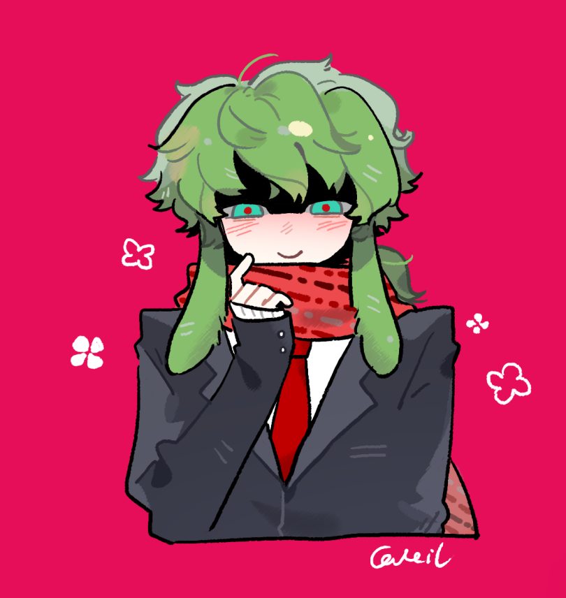 midori (kimi ga shine), kimi ga shine, chinese commentary, commentary request, 1boy, animal ears, aqua eyes, black jacket, closed mouth, green hair, jacket, ji he yeti, kemonomimi mode, lapels, long sleeves, looking at viewer, lop rabbit ears, male focus, necktie, notched lapels, rabbit ears, red background, red necktie, red pupils, red scarf, scarf, shaded face, shirt, simple background, sleeves past wrists, smile, solo, white shirt