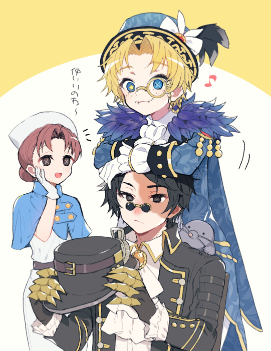imoko (imo ss), emily dyer, mike morton, mike morton (mr. swifts), norton campbell, norton campbell (mr. mole), identity v, 1girl, 2boys, :3, :d, ascot, black eyes, black hair, black jacket, blonde hair, blue capelet, blue eyes, blue jacket, brown eyes, brown hair, capelet, claws, cross-shaped pupils, dress, fake claws, freckles, frilled sleeves, frills, gem, glasses, gloves, gold trim, hair bun, hair intakes, hair pulled back, hand on own face, hands on another's head, hat, jacket, looking at another, looking down, male focus, mismatched pupils, mole (animal), monocle, multiple boys, musical note, nurse cap, official alternate costume, open mouth, orange gemstone, pince-nez, scar, scar across eye, scar on face, short hair, smile, star-shaped pupils, star (symbol), stitched mouth, stitches, symbol-shaped pupils, white ascot, white dress, white gloves, yellow pupils