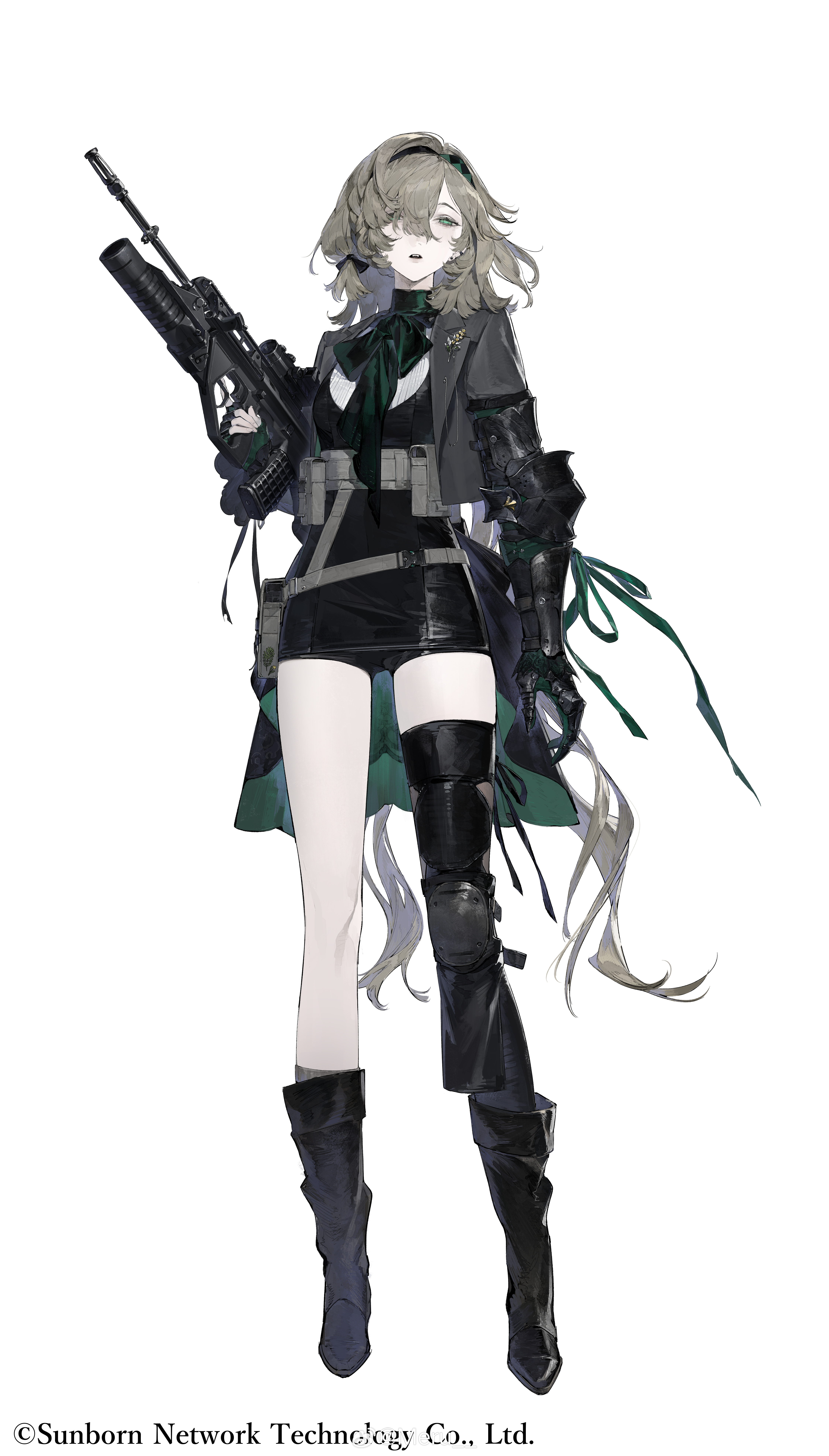 meru02295238, girls' frontline, absurdres, chinese commentary, commentary, highres, 1girl, :o, armor, assault rifle, bags under eyes, belt pouch, black armor, black boots, black dress, black shoes, black shorts, black thighhighs, blonde hair, boots, braid, bullpup, checkered hairband, coattails, copyright name, cropped jacket, dress, earclip, ef88 (girls' frontline), fingerless gloves, full body, gauntlets, gloves, green gloves, green hair, green neckerchief, grenade launcher, grey jacket, gun, hair over one eye, hairband, half-closed eyes, holding, holding gun, holding weapon, jacket, knee pads, lapel chain, lapel pin, lapels, long bangs, long hair, looking at viewer, magazine (weapon), micro shorts, muzzle device, neckerchief, notched lapels, open clothes, open jacket, open mouth, optical sight, plant print, pouch, rifle, shirt, shoes, short dress, shorts, simple background, single arm armor, single bare leg, single hair intake, single knee pad, single thighhigh, solo, standing, striped clothes, striped shirt, suit jacket, tachi-e, teeth, thigh gap, thighhighs, trigger discipline, underbarrel grenade launcher, upper teeth only, vertical-striped clothes, vertical-striped shirt, very long hair, watermark, weapon, weibo username, weibo watermark, white background, white shirt