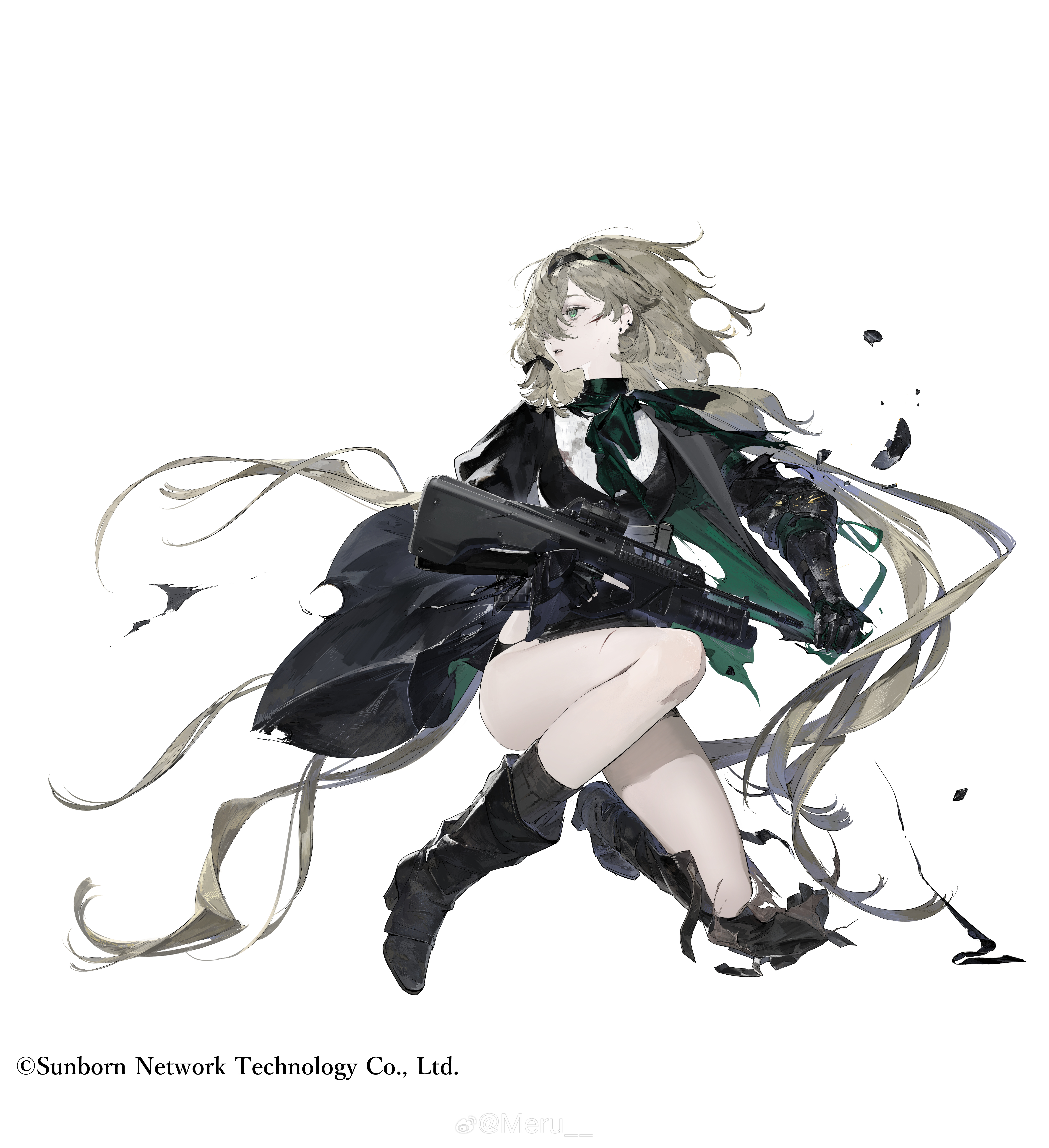 meru02295238, girls' frontline, absurdres, chinese commentary, commentary, highres, 1girl, armor, assault rifle, bare legs, black boots, black gloves, black jacket, black shoes, black socks, blonde hair, blood, blood stain, boots, braid, broken armor, bullpup, checkered hairband, coattails, copyright name, cuts, debris, earclip, ef88 (girls' frontline), fingerless gloves, floating hair, full body, gauntlets, gloves, green eyes, green hairband, green neckerchief, grenade launcher, gun, hair over one eye, hairband, high heel boots, high heels, holding, holding gun, holding weapon, injury, jacket, kneeling, lapels, long hair, looking to the side, magazine (weapon), muzzle device, neckerchief, notched lapels, on one knee, one eye covered, optical sight, parted lips, rifle, shirt, shoes, simple background, single arm armor, socks, solo, striped clothes, striped shirt, suit jacket, tachi-e, torn clothes, trigger discipline, two-sided fabric, two-sided jacket, underbarrel grenade launcher, vertical-striped clothes, vertical-striped shirt, very long hair, watermark, weapon, weibo username, weibo watermark, white background, white shirt