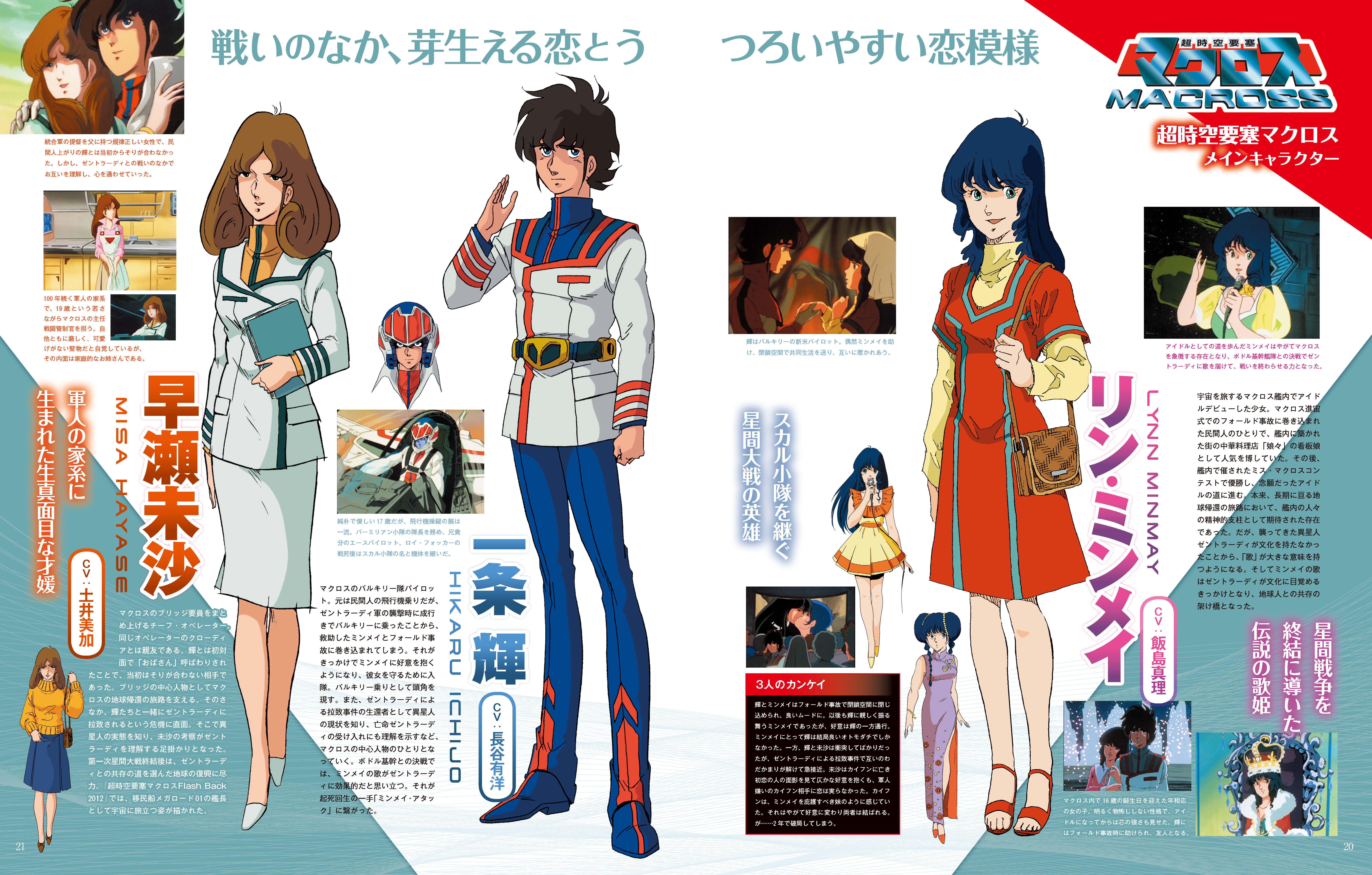mikimoto haruhiko, hayase misa, ichijou hikaru, lynn minmay, choujikuu yousai macross, macross, robotech, 1980s (style), absurdres, highres, magazine scan, official art, promotional art, scan, traditional media, translation request, 1boy, 2girls, anime screenshot inset, bag, china dress, chinese clothes, couple, crown, dress, handbag, helmet, lineart, logo, machinery, military uniform, multiple girls, multiple persona, oldschool, pilot, retro artstyle, salute, science fiction, skirt, variable fighter