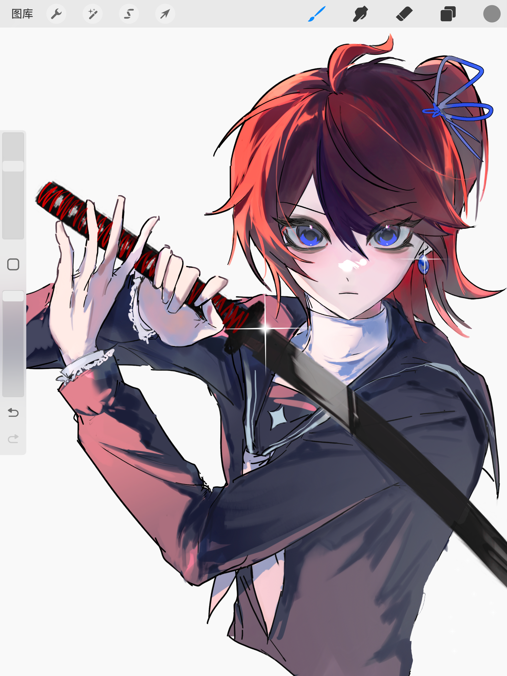 sumino takumi, the hundred line -last defense academy-, chinese commentary, commentary request, highres, procreate (medium), 1girl, ahoge, bags under eyes, black hair, black shirt, blue eyes, blue ribbon, blush, closed mouth, dingli, earrings, fighting stance, genderswap, genderswap (mtf), glint, hair ribbon, holding, holding sword, holding weapon, jewelry, katana, last defense academy school uniform, long sleeves, looking at viewer, medium hair, multicolored hair, neckerchief, ox guard, procreate (software), red hair, red neckerchief, ribbon, sailor collar, sailor shirt, school uniform, shirt, side ponytail, simple background, solo, streaked hair, sword, tsurime, turtleneck, two-tone hair, weapon, white background