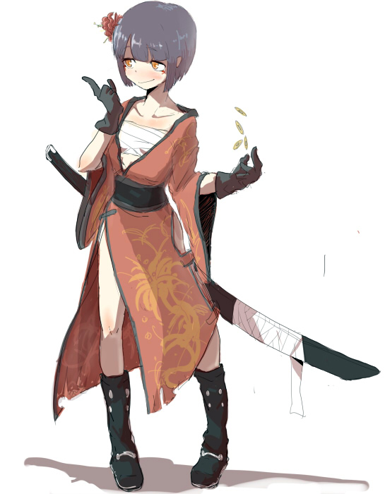 0123456789, original, 1girl, black gloves, black hair, boots, female focus, full body, gloves, orange eyes, pointing, sarashi, short hair, smile, solo, standing, sword, weapon, white background