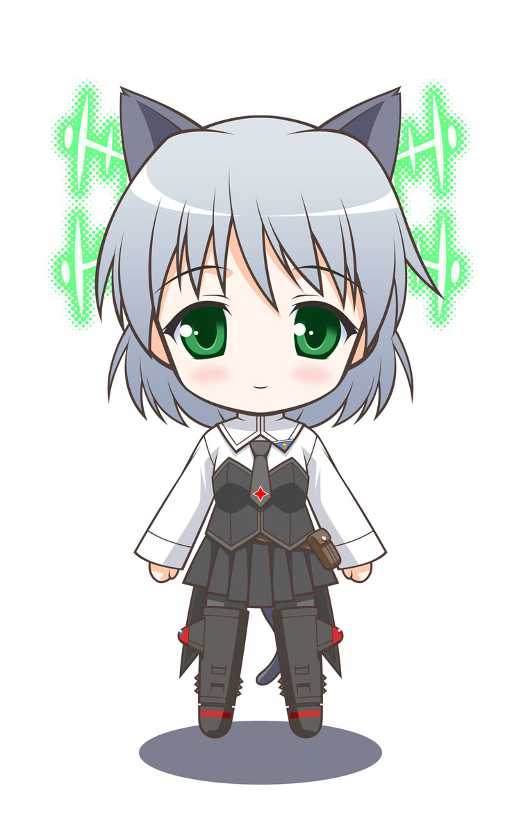 kaibara yuu, kaibarayou, sanya v. litvyak, nendoroid, strike witches, world witches series, silver hair, highres, 00s, 1girl, animal ears, black pantyhose, chibi, female focus, green eyes, hirschgeweih antennas, military, military uniform, pantyhose, short hair, solo, striker unit, tail