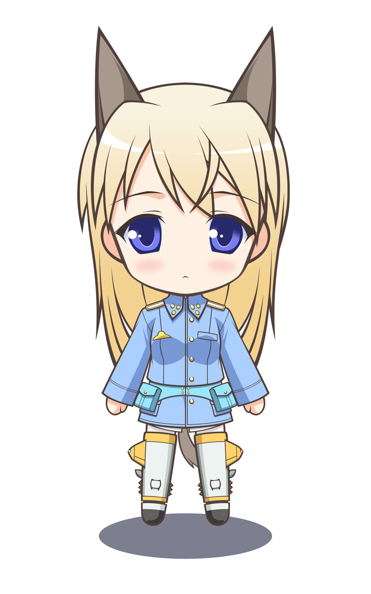 kaibara yuu, kaibarayou, eila ilmatar juutilainen, nendoroid, strike witches, world witches series, highres, 00s, 1girl, animal ears, blonde hair, blue eyes, chibi, female focus, long hair, military, military uniform, pantyhose, solo, striker unit, tail, white pantyhose