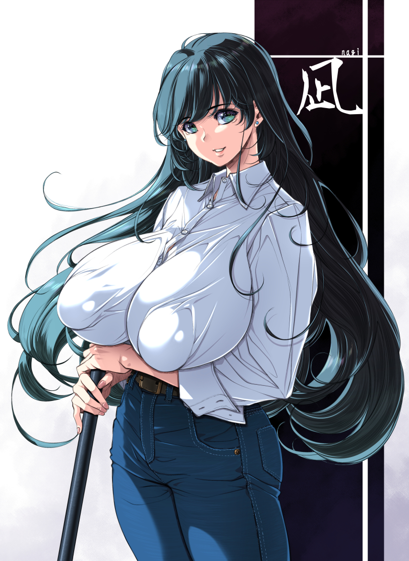kantori, arato nagi, ruri no houseki, commentary request, 1girl, alternate eye color, aqua eyes, arm under breasts, belt, black hair, blue pants, breasts, collared shirt, covered erect nipples, denim, earrings, hammer, holding, holding hammer, huge breasts, huge nipples, jeans, jewelry, long hair, long sleeves, looking at viewer, pants, shirt, sidelocks, simple background, solo, standing, stud earrings, very long hair, white background, white shirt