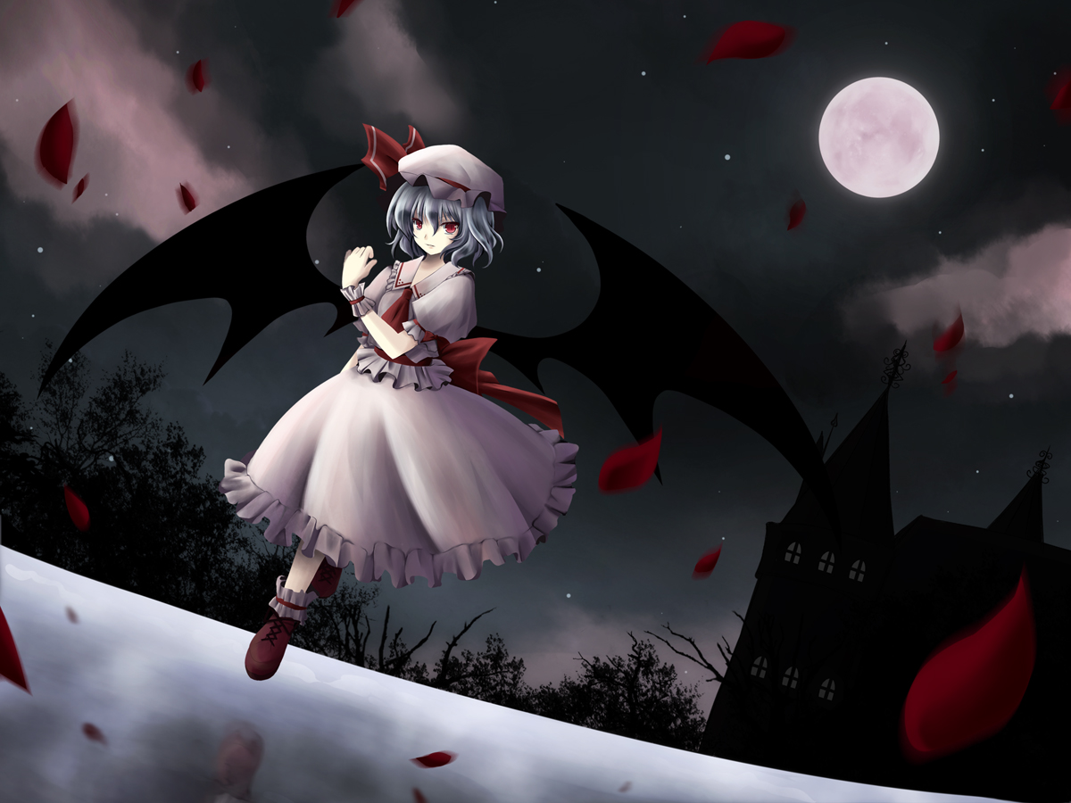 plue (coruru), remilia scarlet, touhou, 1girl, blue hair, dress, female focus, gradient background, hat, moon, nature, night, outdoors, petals, plant, red eyes, short hair, sky, solo, wings, wrist cuffs