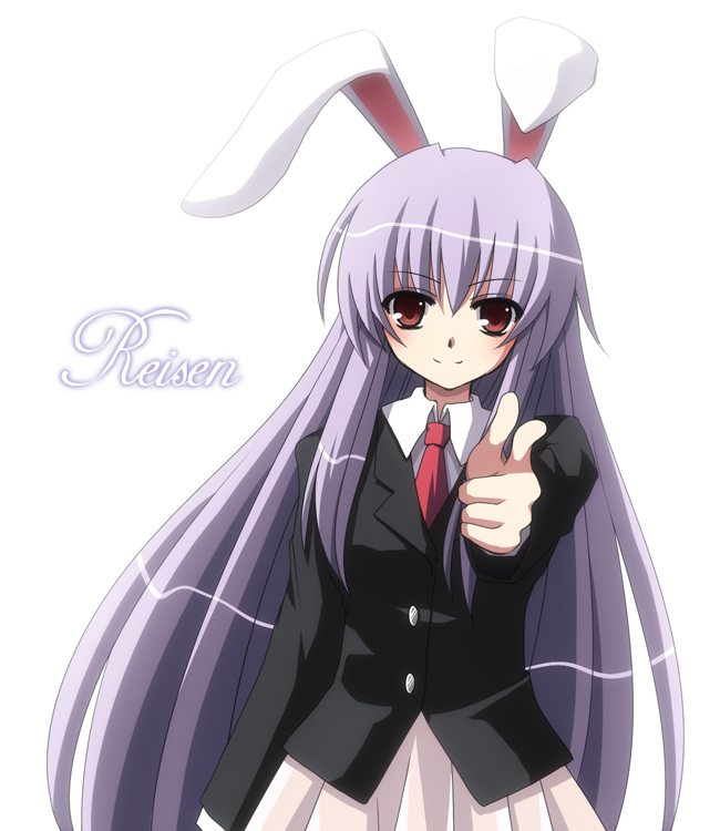 plue (coruru), reisen udongein inaba, touhou, 1girl, animal ears, blazer, female focus, jacket, long hair, purple hair, rabbit ears, solo, standing, white background