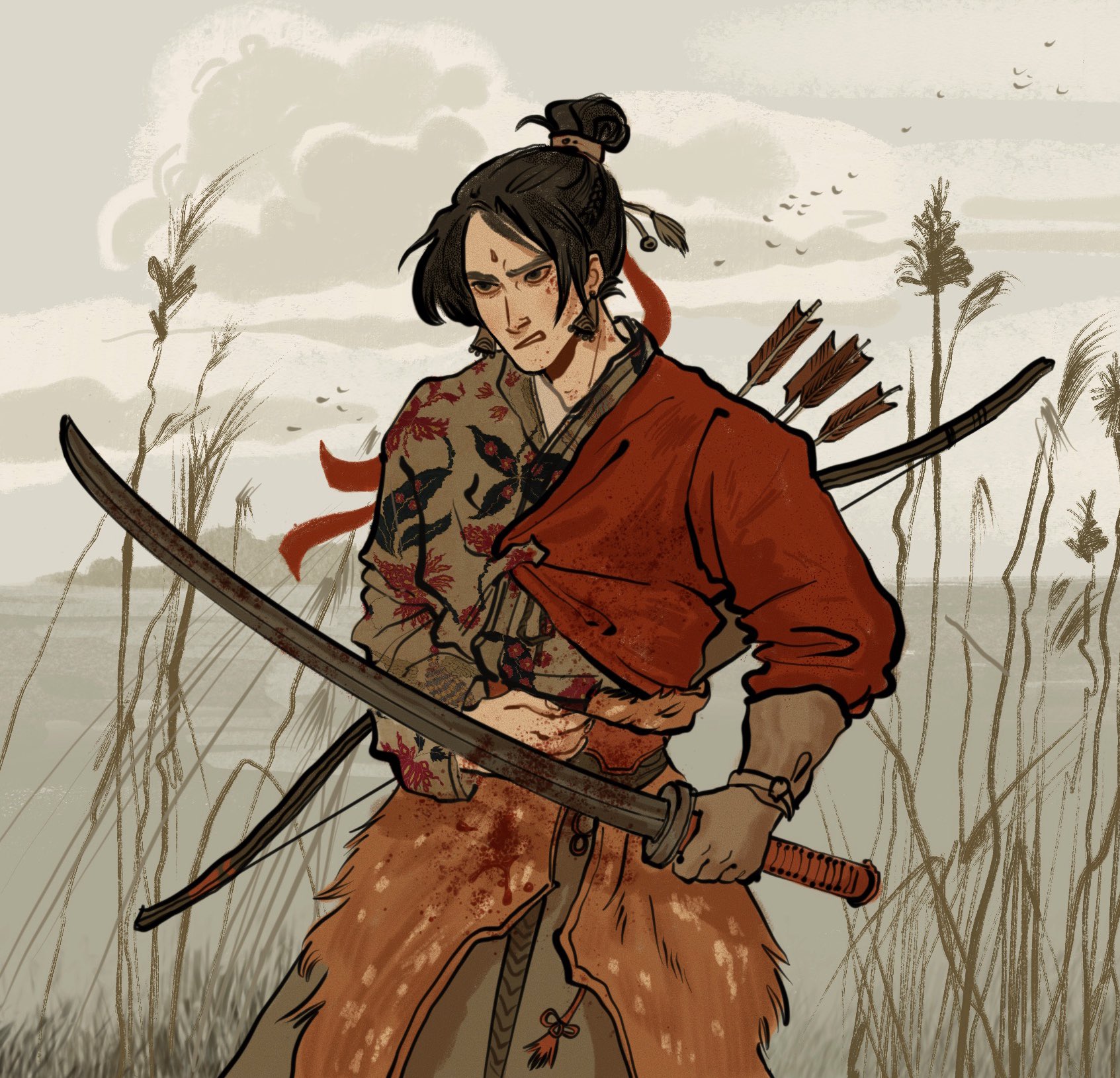 yaroslava murashko, erha he ta de bai mao shizun, highres, 1boy, arrow (projectile), blood, blood on clothes, blood on face, bloody weapon, bow (weapon), brown eyes, brown gloves, brown pants, brown shirt, cloud, cowboy shot, earrings, facial mark, fighting, forehead mark, fur skirt, glaring, gloves, grey sky, hair bun, hair ornament, hair ribbon, hand on own stomach, holding, holding sword, holding weapon, horizon, jewelry, long sleeves, male focus, nangong si, open mouth, outdoors, pants, print shirt, quiver, red ribbon, red shirt, reeds, ribbon, saber (weapon), shirt, simple bird, single glove, single hair bun, sky, solo, sword, tassel, warm colored, water, weapon, xiao guan (headdress)