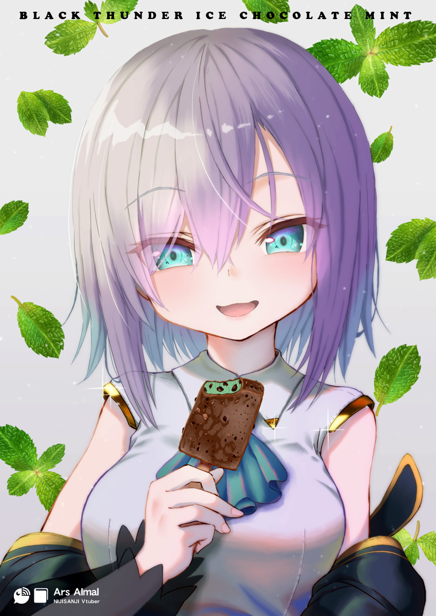 tatami kami, ars almal, ars almal (1st costume), nijisanji, highres, 1girl, :d, aqua ascot, ascot, black sleeves, blue ascot, blue eyes, breasts, character name, chocolate, detached sleeves, english text, food, hair between eyes, holding, holding food, holding ice cream, ice cream, ice cream bar, large breasts, light blush, long sleeves, looking at viewer, mint, mint chocolate, open mouth, puffy long sleeves, puffy sleeves, shirt, simple background, sleeveless, smile, solo, upper body, virtual youtuber, white hair, white shirt