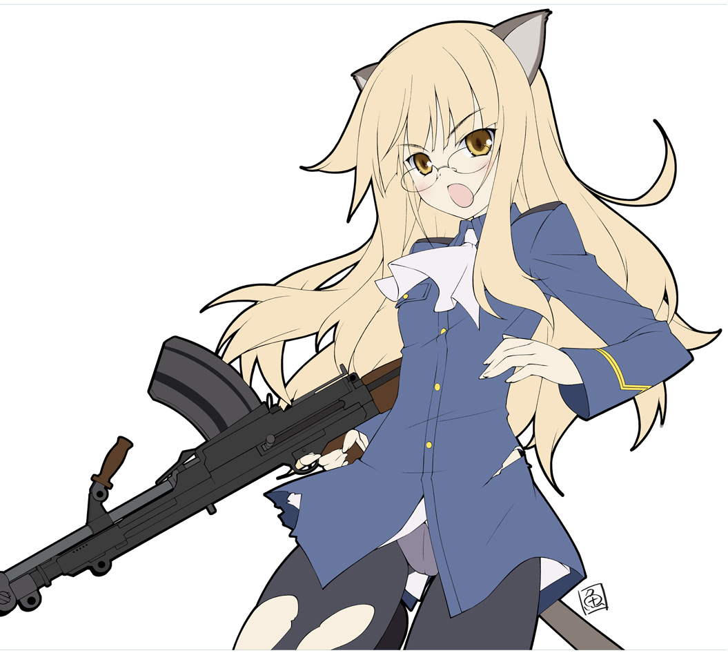 sakana (flame sakana), perrine h. clostermann, strike witches, world witches series, 00s, 1girl, animal ears, blonde hair, bren lmg, crotch seam, female focus, glasses, gun, light machine gun, machine gun, open mouth, panties, panties under pantyhose, pantyhose, solo, tail, torn clothes, torn pantyhose, underwear, weapon, yellow eyes