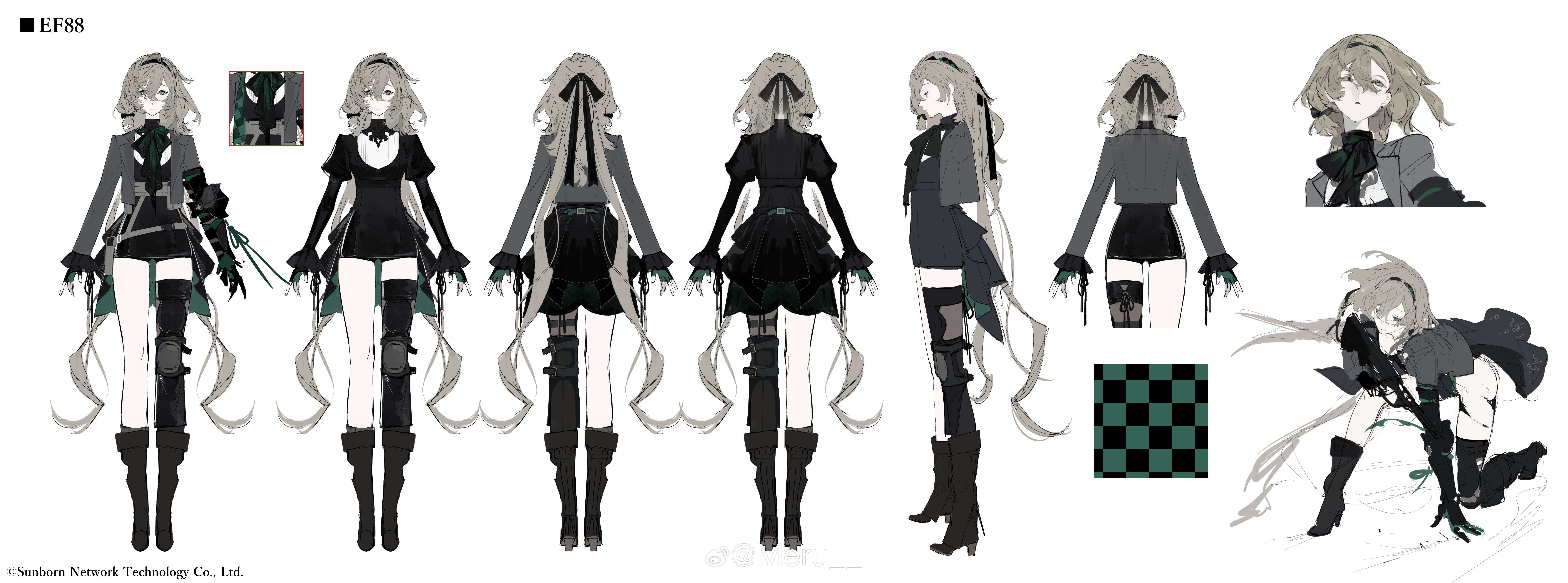 meru02295238, girls' frontline, absurdres, chinese commentary, commentary, highres, 1girl, a-pose, assault rifle, black boots, black dress, black hairband, black ribbon, black shoes, black shorts, black skirt, black thighhighs, blonde hair, boots, character name, copyright name, cropped jacket, dress, ef88 (girls' frontline), frilled cuffs, gauntlets, green neckerchief, gun, hair between eyes, hair ribbon, hairband, high heel boots, high heels, holding, holding gun, holding weapon, jacket, juliet sleeves, knee pads, kneeling, lapels, long bangs, long hair, long sleeves, micro shorts, multiple views, neckerchief, notched lapels, on one knee, open clothes, open jacket, parted hair, puffy sleeves, reference sheet, ribbon, rifle, shirt, shoes, short dress, shorts, showgirl skirt, simple background, single arm armor, single bare leg, single knee pad, single thighhigh, skirt, striped clothes, striped shirt, suit jacket, thighhighs, torn clothes, two-sided fabric, two-sided skirt, vertical-striped clothes, vertical-striped shirt, very long hair, watermark, weapon, weibo username, weibo watermark, white background