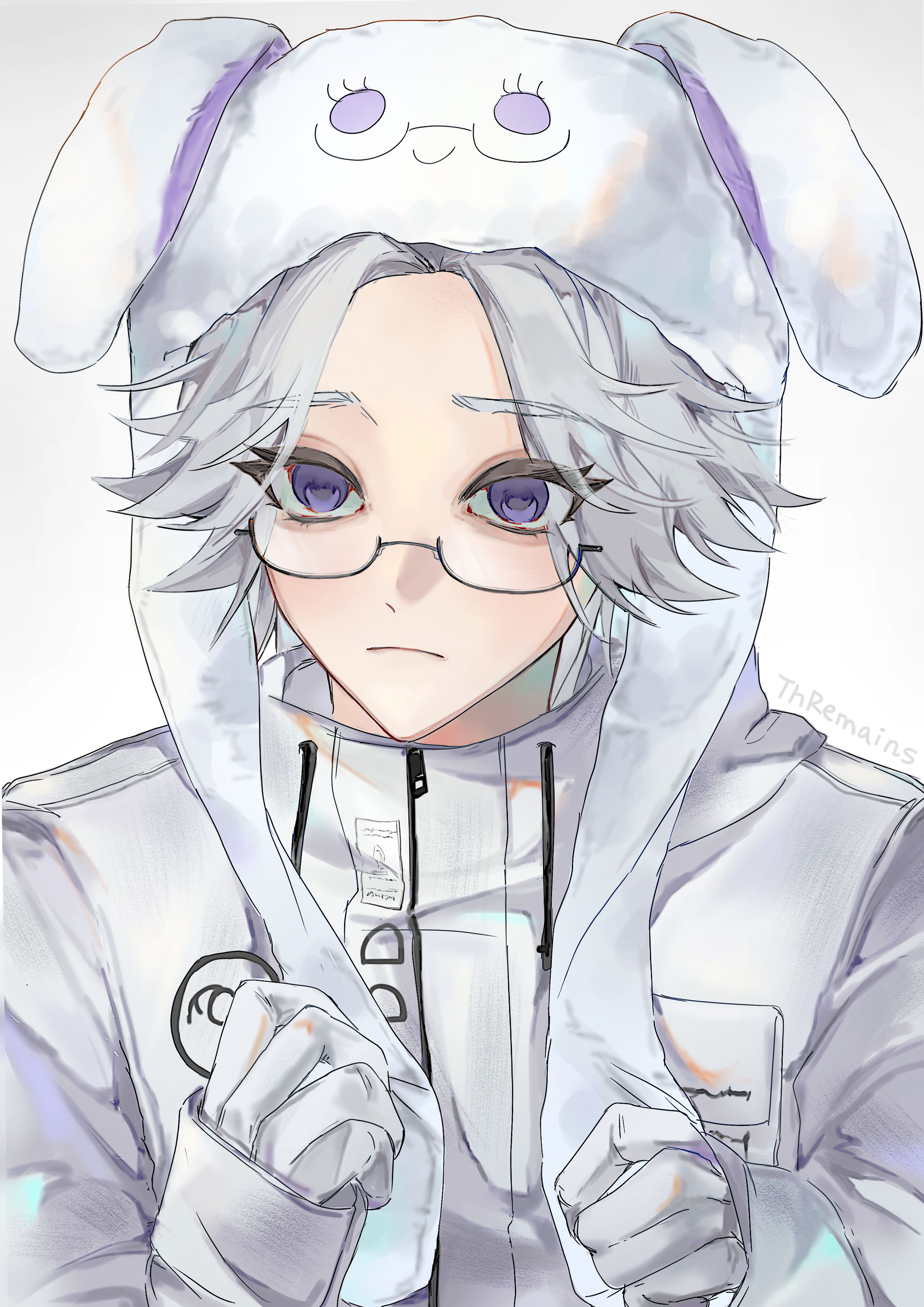 aotsuki eito, the hundred line -last defense academy-, absurdres, chinese commentary, commentary request, highres, 1boy, animal hat, closed mouth, dingli, drawstring, eyelashes, frown, glasses, gloves, hat, hat flaps, hat with ears, high collar, jacket, long sleeves, male focus, pocket, purple eyes, rabbit hat, sanpaku, semi-rimless eyewear, simple background, sleeves past wrists, solo, upper body, white background, white gloves, white hat, white jacket, zipper pull tab