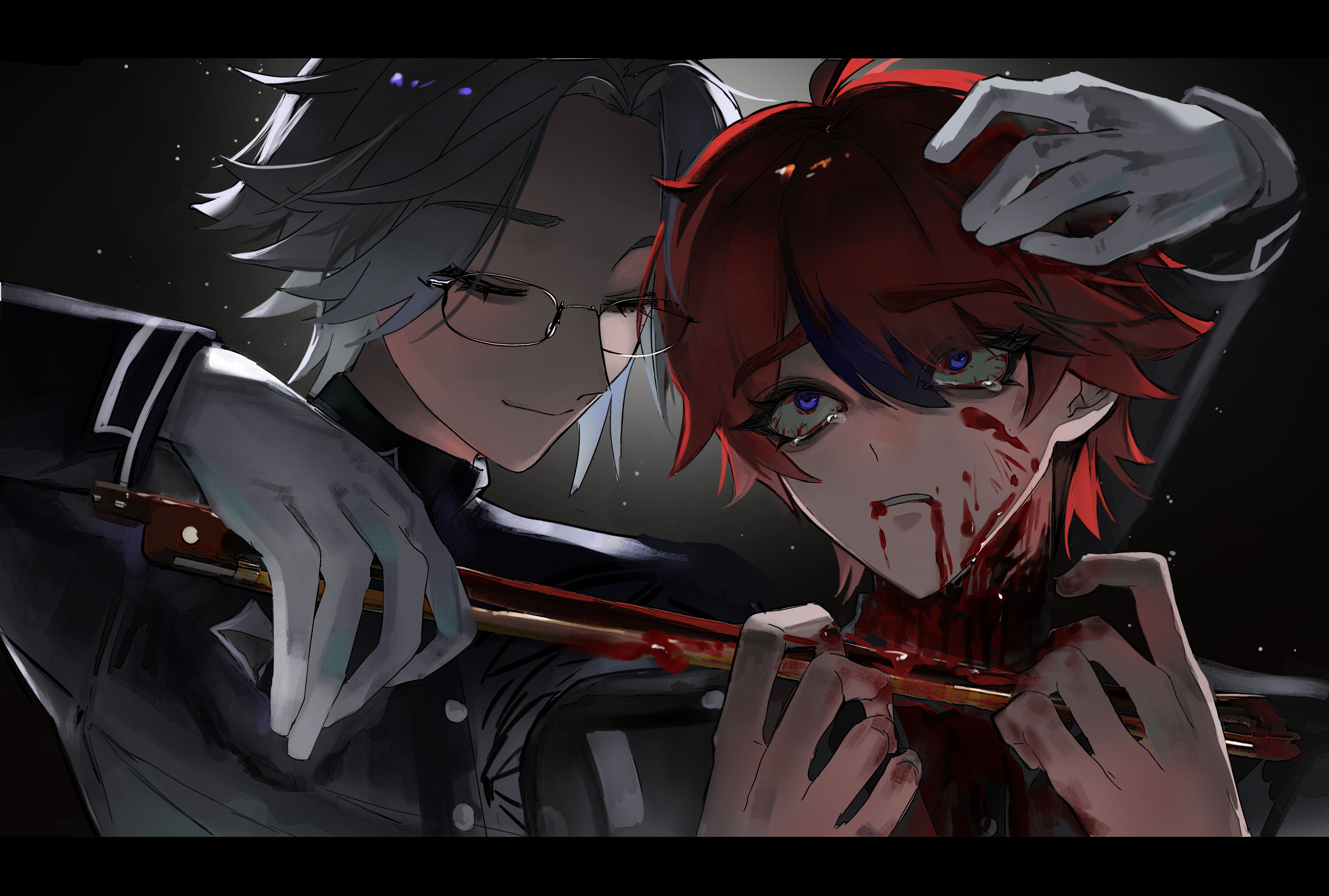 aotsuki eito, sumino takumi, the hundred line -last defense academy-, absurdres, highres, mixed-language commentary, spoilers, 2boys, bags under eyes, black background, black hair, black jacket, blood, blood from mouth, blood on face, blood on hands, blood on neck, bloodshot eyes, bloody weapon, buttons, closed eyes, closed mouth, curtained hair, dingli, eyelashes, french commentary, glasses, gloves, grey hair, hair between eyes, hand on another's head, holding, holding weapon, jacket, last defense academy school uniform, letterboxed, long sleeves, male focus, multiple boys, red hair, school uniform, short hair, smile, weapon, white gloves