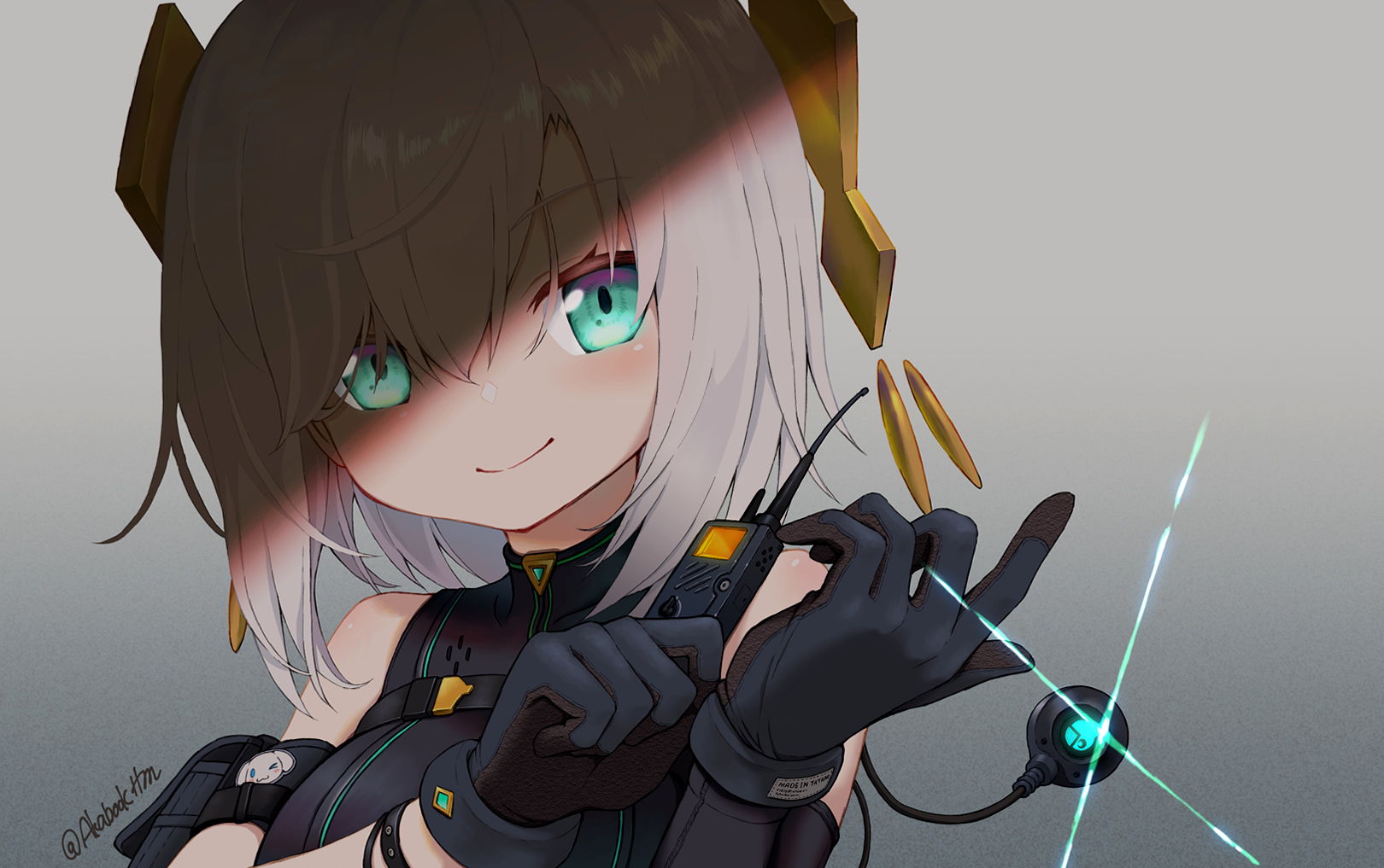 tatami kami, ars almal, nijisanji, highres, 1girl, adjusting clothes, adjusting gloves, bare shoulders, black gloves, black shirt, blue eyes, character name, closed mouth, communicator, earphones, gloves, glowing, glowing trim, green eyes, grey background, hair between eyes, light blush, light smile, looking at viewer, portrait, shadow, shirt, short hair, simple background, sleeveless, sleeveless shirt, slit pupils, smile, smirk, smug, solo, turtleneck, upper body, virtual youtuber, walkie-talkie, white hair