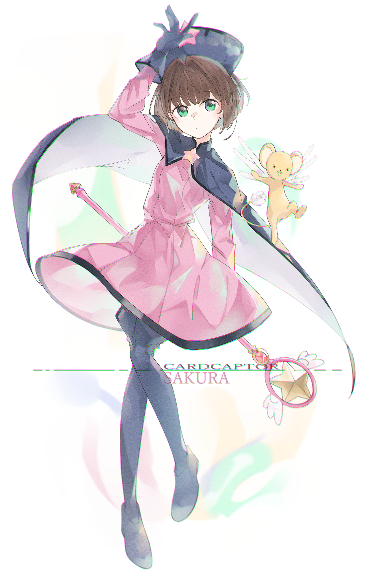 o (crazyoton46), cardcaptor sakura, commission, highres, pixiv commission, 1girl, black cape, black gloves, black hat, black pantyhose, brown hair, cape, dress, gloves, green eyes, hat, looking at viewer, pantyhose, pink dress, short hair, solo, wand
