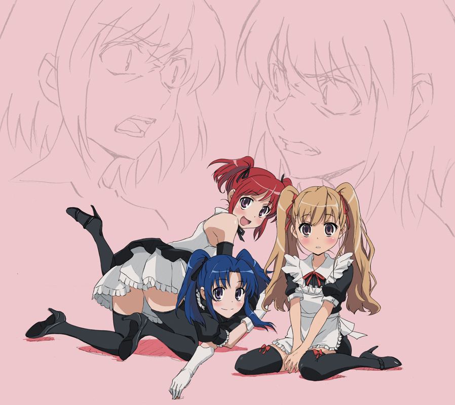 kumosuke, aisaka taiga, kawashima ami, kushieda minori, toradora!, black legwear, 00s, 3girls, blue hair, brown eyes, brown hair, elbow gloves, gloves, hair ribbon, high heels, long hair, multiple girls, purple eyes, red hair, ribbon, shoes, short hair, thighhighs, twintails, waitress
