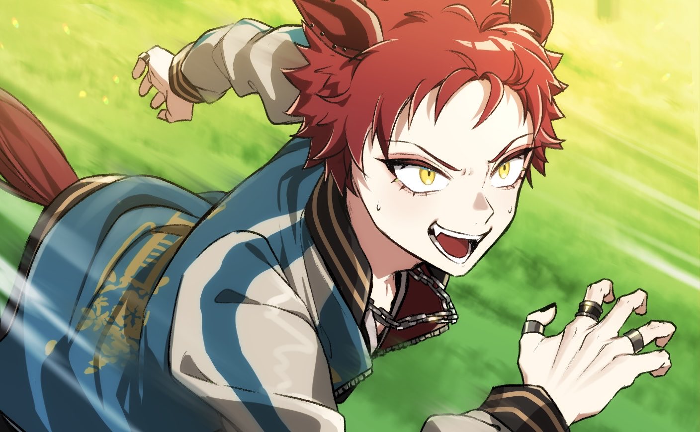 soramame pikuto, harai kuko, hypnosis mic, umamusume, silver ring, commentary request, 1boy, :d, adam's apple, animal ears, blue jacket, blurry, blurry background, chain, chain necklace, colored eyelashes, earrings, eyelashes, eyeshadow, fangs, furrowed brow, grass, grin, hand up, horse boy, horse ears, horse tail, jacket, jewelry, kemonomimi mode, light blush, long sleeves, looking ahead, makeup, male focus, motion blur, multiple earrings, multiple rings, necklace, open clothes, open jacket, open mouth, pale skin, parody, pinky ring, red eyeshadow, red hair, ring, short hair, smile, solo, spiked hair, stud earrings, sukajan, sweat, tail, two-sided fabric, two-sided jacket, upper body, v-shaped eyebrows, very short hair, white jacket, yellow eyes