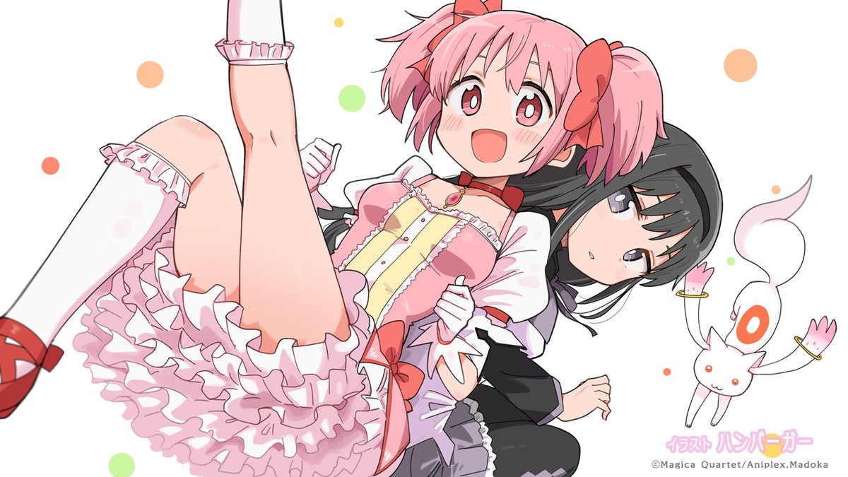 hundredburger, akemi homura, akemi homura (magical girl), kaname madoka, kaname madoka (magical girl), kyubey, mahou shoujo madoka magica, mahou shoujo madoka magica (anime), official art, 2girls, back-to-back, black hair, black headband, black pantyhose, bow, choker, dress, frilled dress, frills, gem, gloves, grey skirt, hair bow, headband, kneehighs, long hair, looking at viewer, magical girl, mascot, medium hair, multiple girls, open mouth, pantyhose, parted lips, pink bow, pink eyes, pink gemstone, pink hair, pleated skirt, purple eyes, red bow, red eyes, red ribbon, ribbon, ribbon choker, short twintails, skirt, socks, soul gem, twintails, white gloves