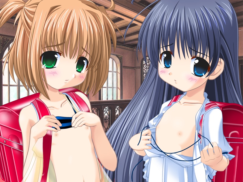shiritsu sakuranbo shougakkou, yuki (friends), friends (game), friends ~child's flower~, character request, backpack, bag, blue eyes, blush, flat chest, green eyes, loli, long hair, randoseru