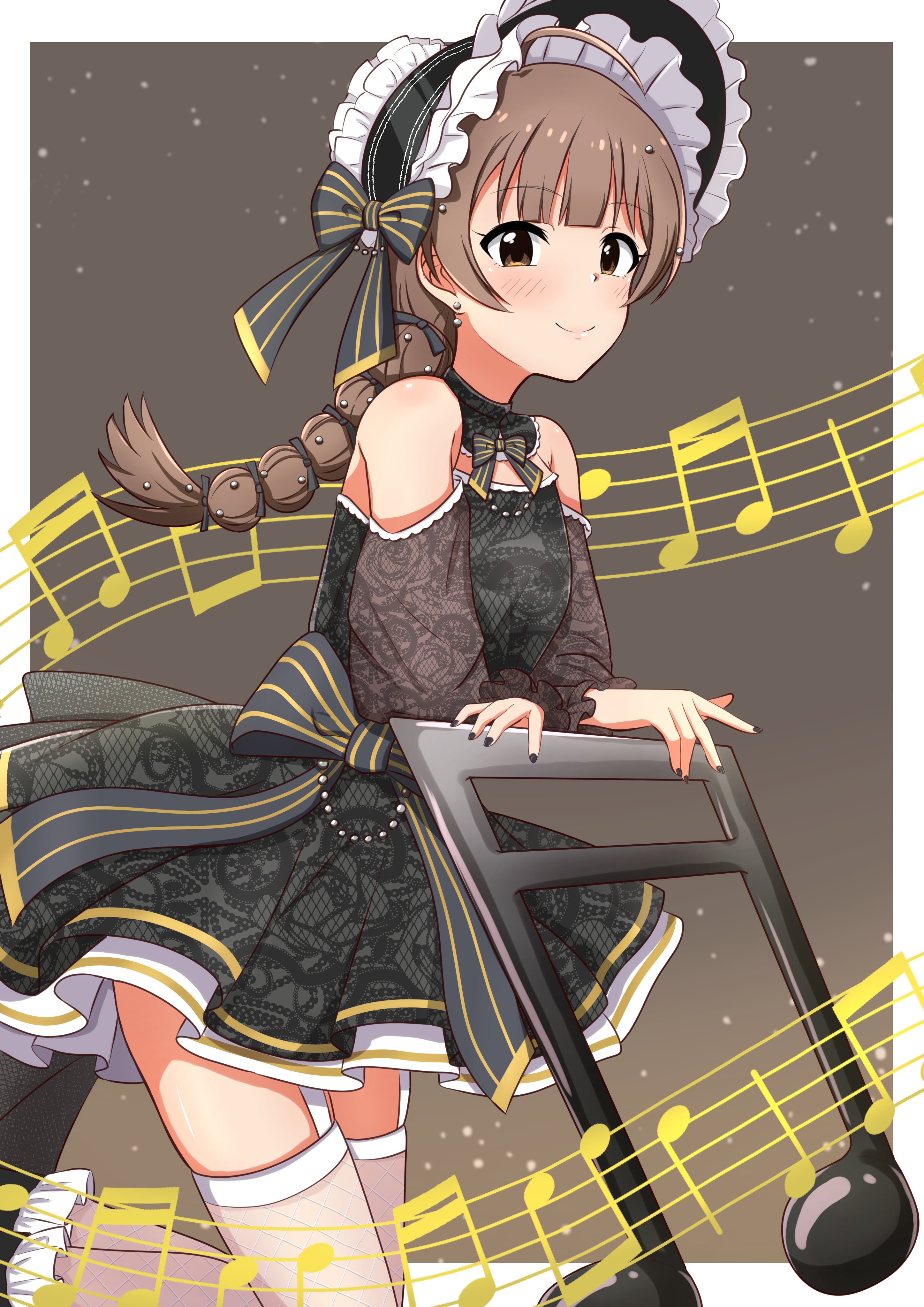 mimiu p, hakozaki serika, idolmaster, idolmaster million live!, absurdres, commentary request, highres, 1girl, ahoge, black bow, black dress, black nails, blush, bonnet, border, bow, braid, brown eyes, brown hair, closed mouth, dress, earrings, fingernails, fishnet thighhighs, fishnets, garter straps, jewelry, long hair, looking at viewer, musical note, nail polish, outside border, see-through clothes, see-through thighhighs, single braid, smile, solo, striped bow, stud earrings, thighhighs, white border