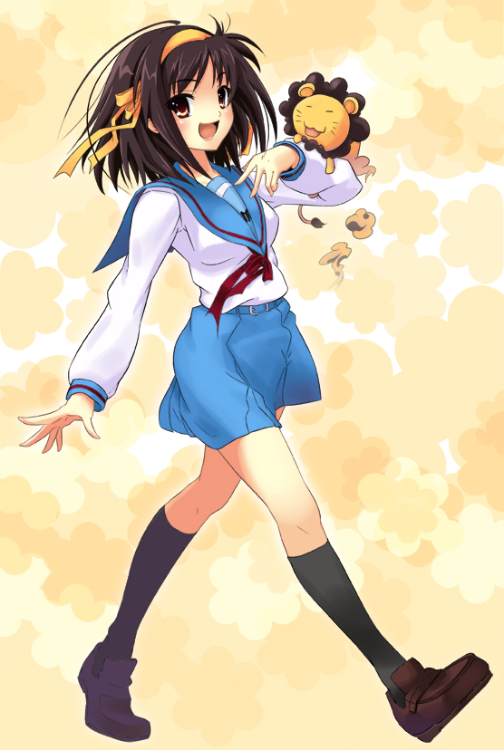 sumire (artist), urabi (tomatohouse), suzumiya haruhi, suzumiya haruhi no yuuutsu, 00s, 1girl, brown eyes, brown hair, female focus, hairband, lion, school uniform, serafuku, short hair, solo