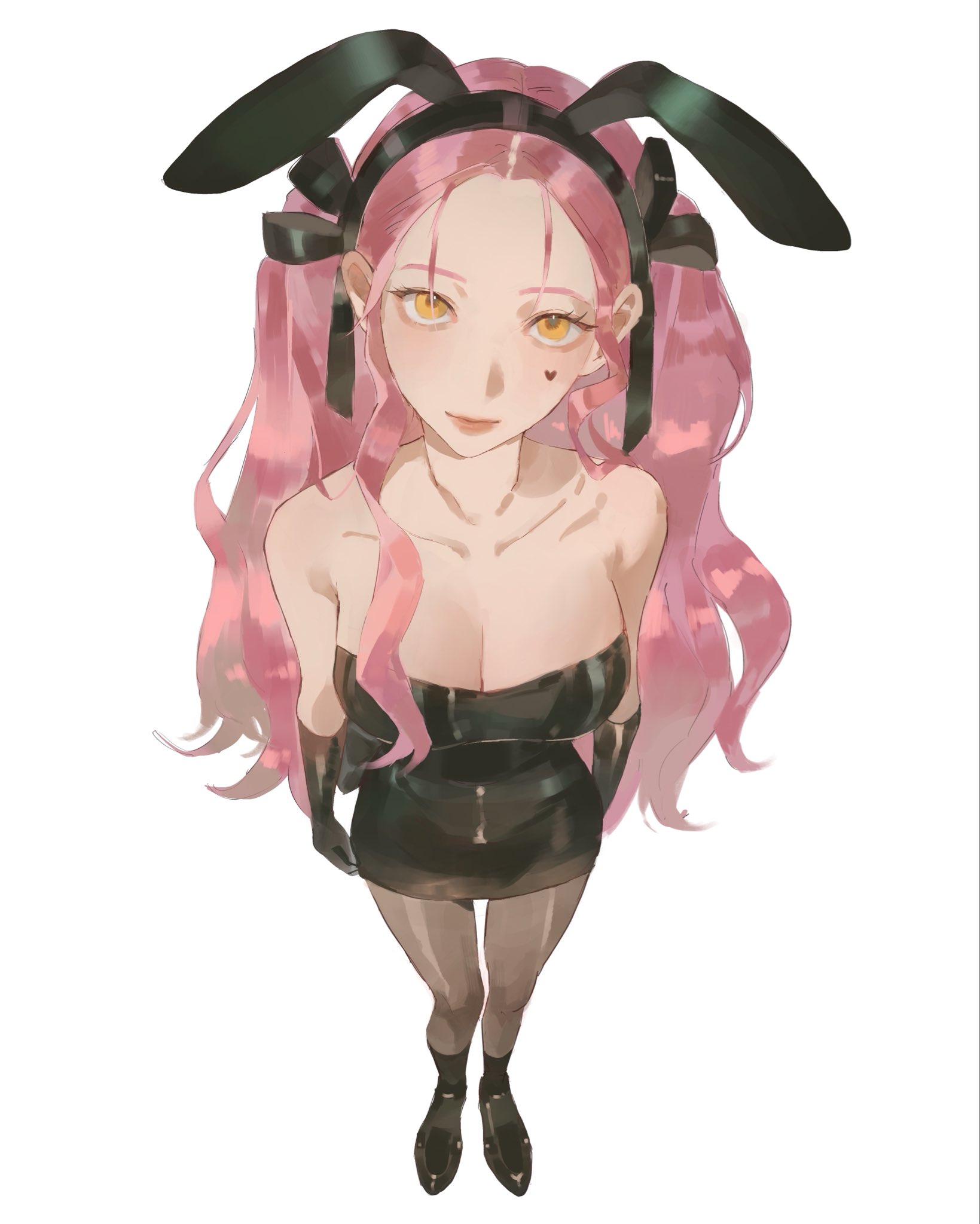 kakyoriya, mizi (alien stage), alien stage, commentary, highres, 1girl, animal ear hairband, animal ears, bare shoulders, black bow, black dress, black gloves, black pantyhose, black shoes, bow, breasts, cleavage, dress, fake animal ears, from above, gloves, hairband, heart on cheek, looking at viewer, official alternate costume, pantyhose, rabbit ears, shoes, solo, strapless, strapless dress, yellow eyes