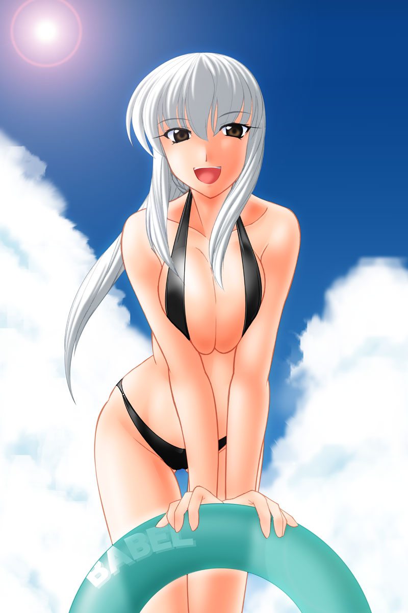 hakkai, tsubomi fujiko, zettai karen children, highres, 00s, 1girl, bikini, black bikini, breasts, breasts squeezed together, brown eyes, cleavage, cloud, day, female focus, huge breasts, innertube, long hair, sky, solo, swim ring, swimsuit, thigh gap, thighs, white hair