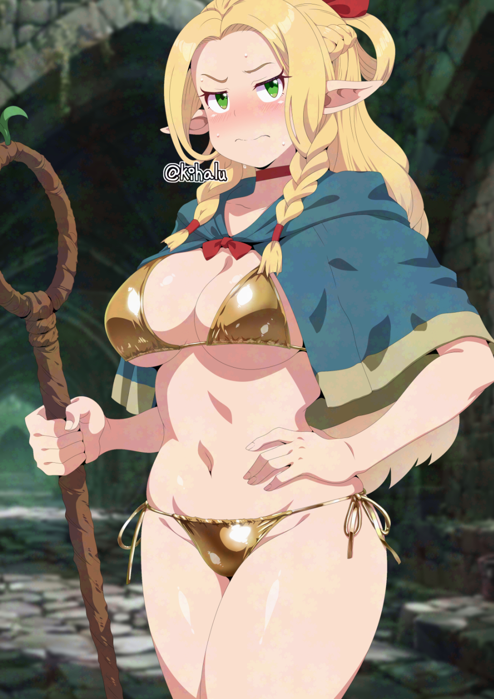 kihaiu, marcille donato, dungeon meshi, highres, 1girl, bikini, blonde hair, blue capelet, blush, breasts, capelet, cowboy shot, elf, frown, gold bikini, green eyes, hand on own hip, large breasts, mage staff, pointy ears, side-tie bikini bottom, solo, staff, swimsuit