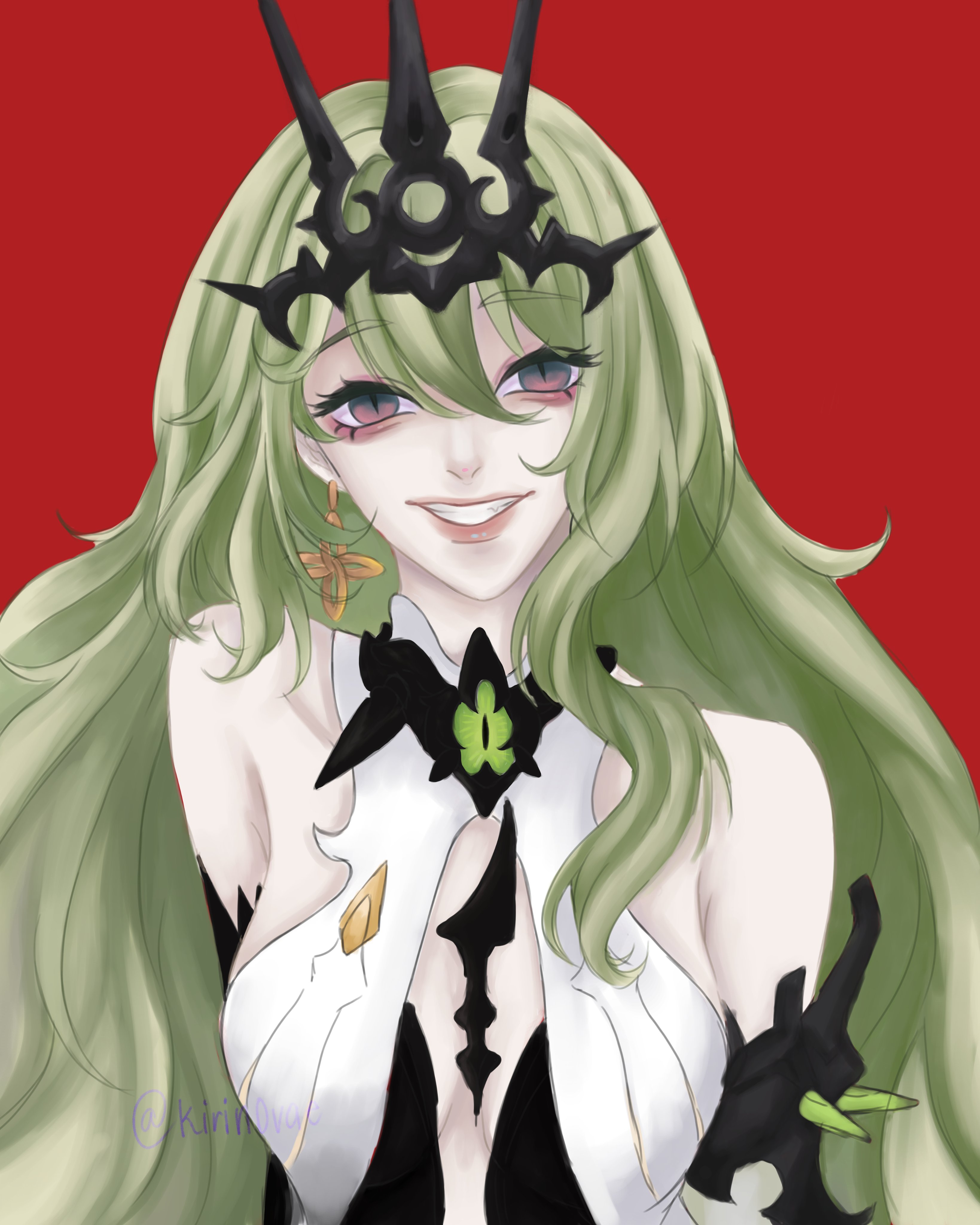 mobius (honkai impact), honkai (series), honkai impact 3rd, absurdres, commentary, highres, 1girl, bare shoulders, black dress, black tiara, breasts, dress, earrings, green hair, jewelry, kirin0vae, long hair, looking at viewer, medium breasts, red background, simple background, slit pupils, smile, solo, tiara, twitter username, upper body, very long hair