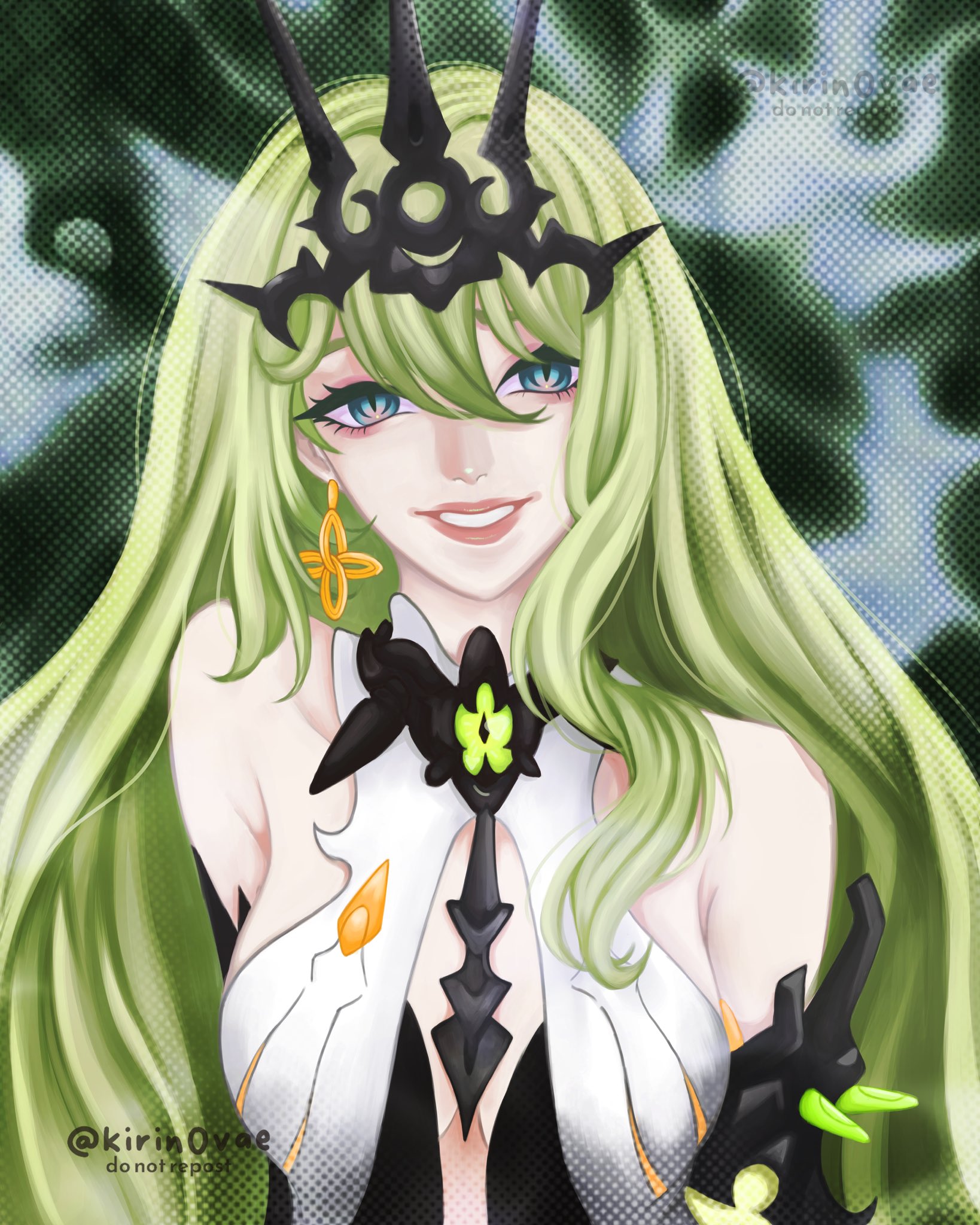 mobius (honkai impact), honkai (series), honkai impact 3rd, commentary, english commentary, highres, 1girl, bare shoulders, black dress, black tiara, breasts, dress, earrings, green hair, jewelry, kirin0vae, long hair, looking at viewer, medium breasts, slit pupils, smile, solo, tiara, twitter username, upper body, very long hair