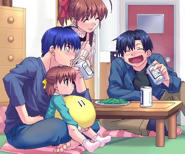 zen, furukawa nagisa, okazaki tomoya, okazaki ushio, sunohara youhei, clannad, dango daikazoku, 00s, 2boys, 2girls, alcohol, beer, can, child, dango, food, hair ribbon, multiple boys, multiple girls, ribbon, socks, wagashi