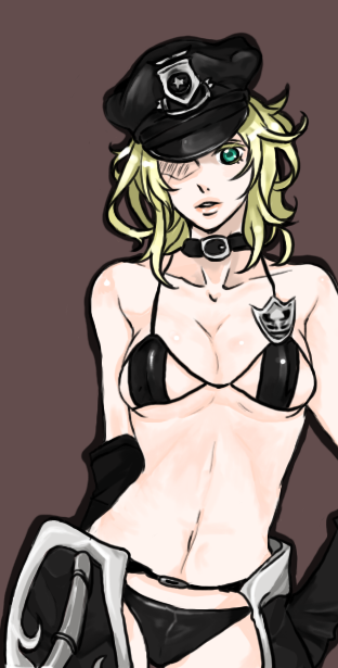 relative of mitochondria, dixie clemets, sgt. clemets, rumble roses, bad id, bad pixiv id, 1girl, aqua eyes, badge, bare shoulders, bikini, black bikini, blonde hair, breasts, chaps, cleavage, collar, female focus, gloves, hat, leather, lipstick, makeup, messy hair, micro bikini, navel, peaked cap, police, short hair, smile, solo, standing, swimsuit, underboob