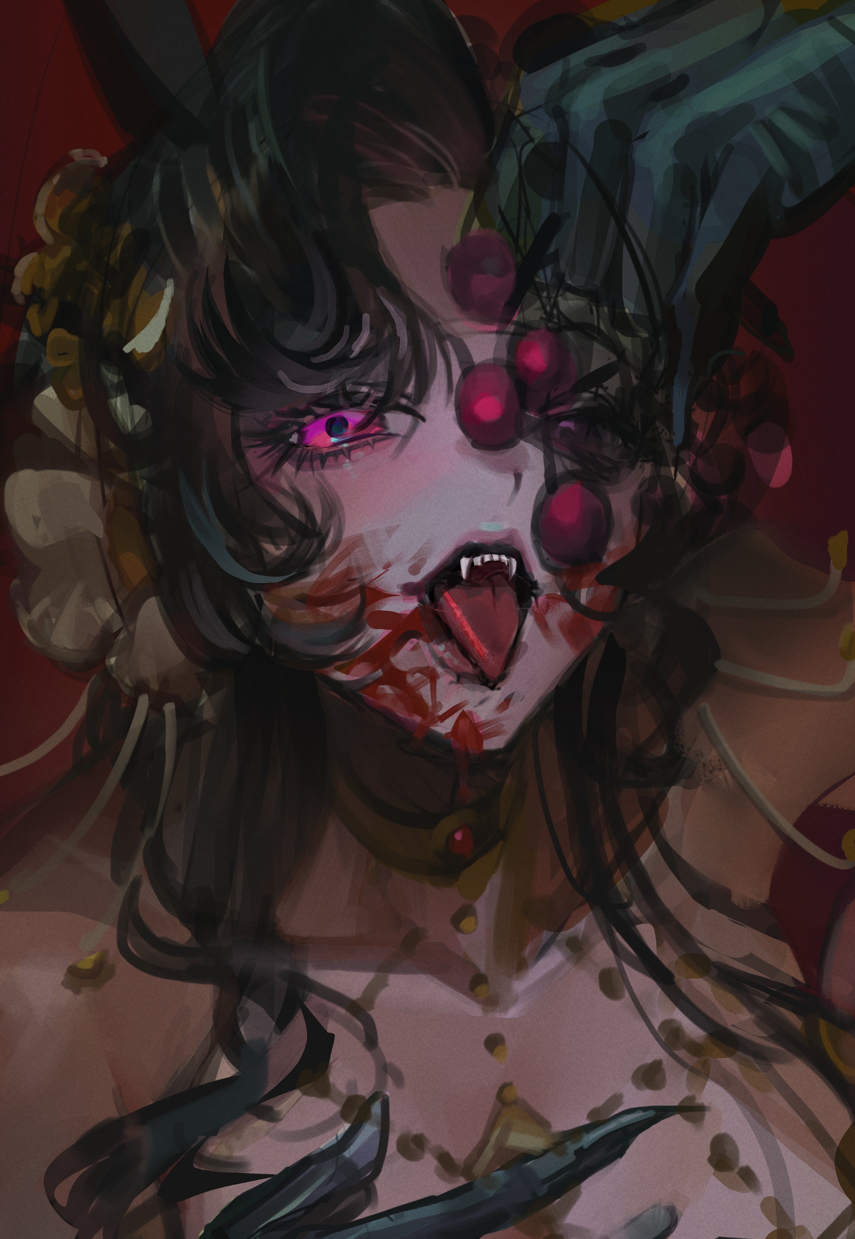yuckpo (jerky 55), anjo nala, reverse:1999, absurdres, highres, 1girl, bare shoulders, black hair, blood, blood on face, collarbone, fangs, food, fruit, gloves, green gloves, hands up, holding, holding food, holding fruit, long hair, looking at viewer, official alternate costume, one eye covered, open mouth, portrait, red background, solo, tongue, tongue out