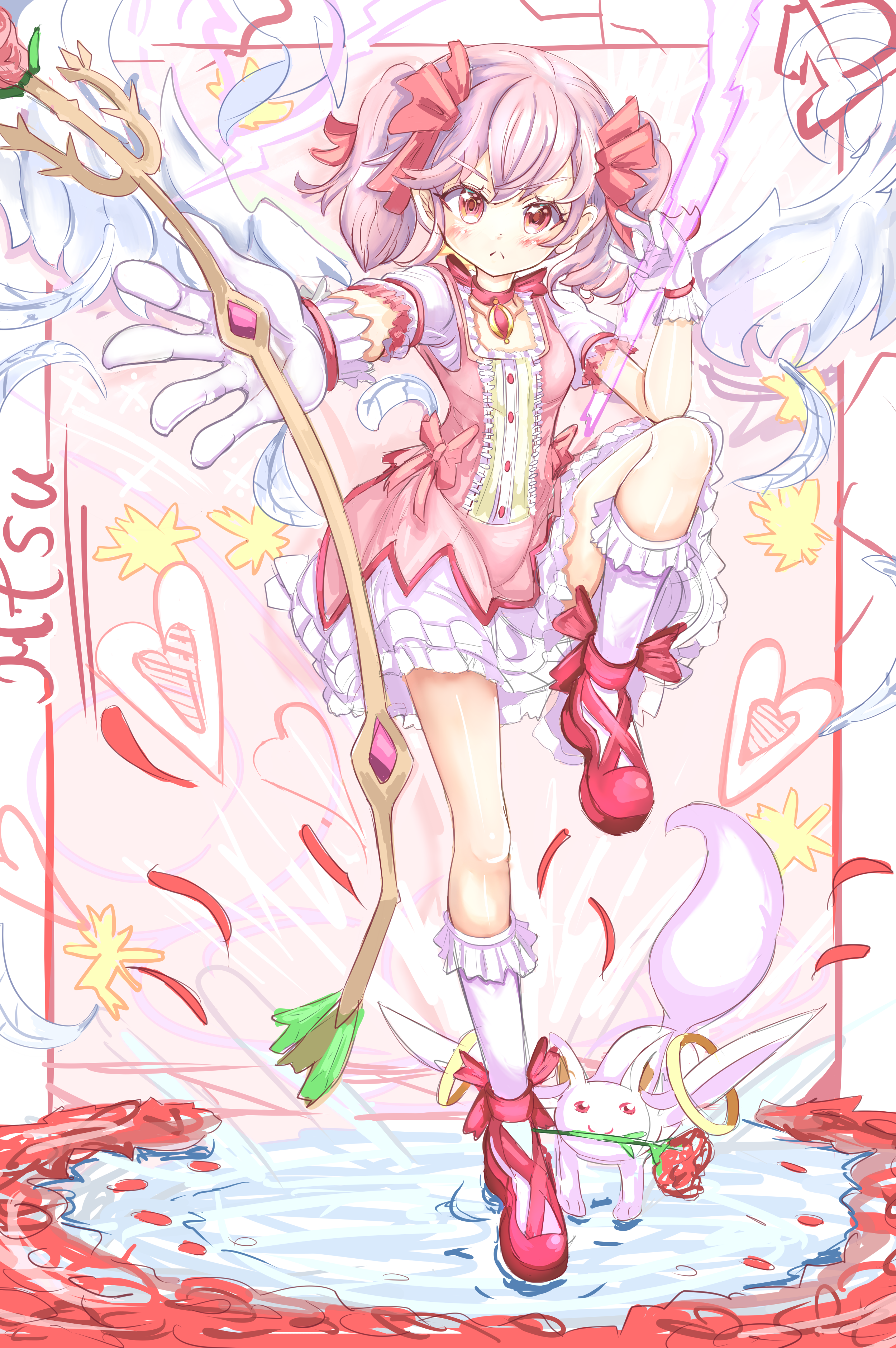 kaname madoka, kyubey, absurdres, highres, 1girl, bow, dress, flower, full body, gloves, holding, holding staff, magical girl, pink hair, staff, twintails, wings