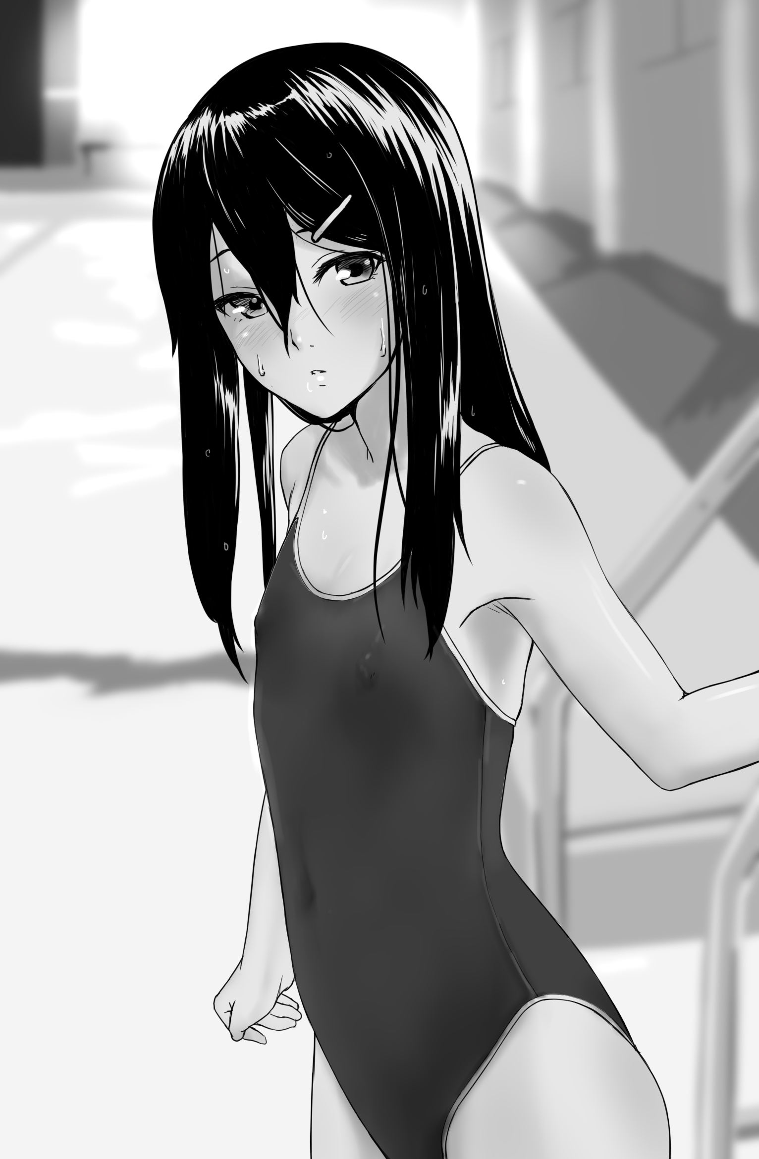 mutsumura ryuuichi, original, commentary request, highres, 1girl, blush, collarbone, competition school swimsuit, covered erect nipples, covered navel, double-parted bangs, flat chest, greyscale, hair between eyes, hair ornament, hairpin, long hair, long sidelocks, looking at viewer, monochrome, parted lips, school swimsuit, sidelocks, solo, spaghetti strap, swimsuit, upper body, wet
