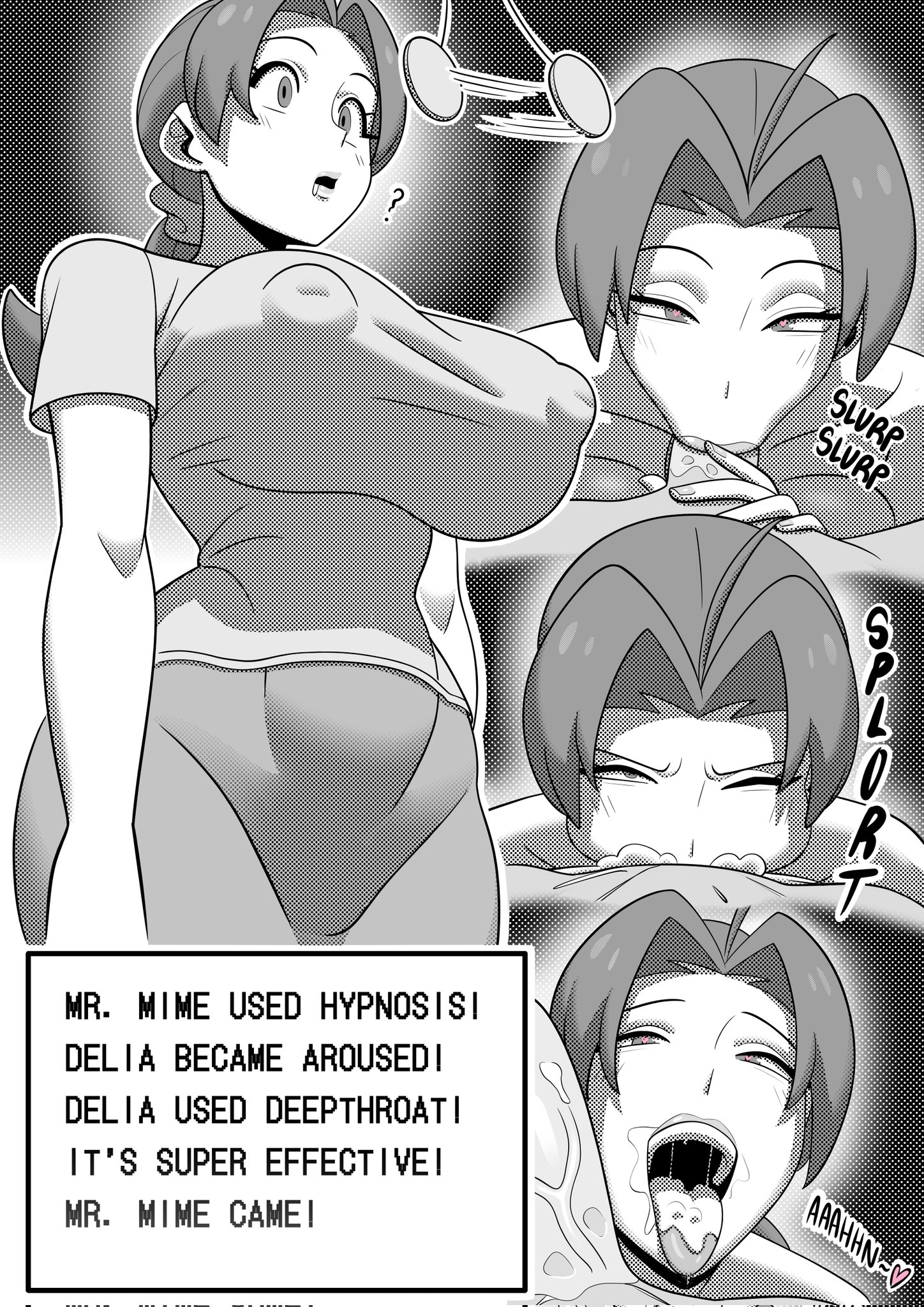 catto natto, delia ketchum, nintendo, pokemon, highres, :>=, ?, after fellatio, breasts, covered erect nipples, cum, cum in mouth, english text, erection, fellatio, greyscale, heart, heart-shaped pupils, huge breasts, hypnosis, long hair, low ponytail, mature female, mind control, monochrome, nipples, open mouth, oral, penis, ponytail, puffy nipples, shirt, symbol-shaped pupils, teeth, tongue, tongue out, upper teeth only