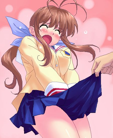 zen, furukawa sanae, clannad, 00s, 1girl, blush, brown hair, closed eyes, clothes lift, covering crotch, covering privates, long hair, mature female, school uniform, skirt, skirt lift, skirt tug, solo focus, tears