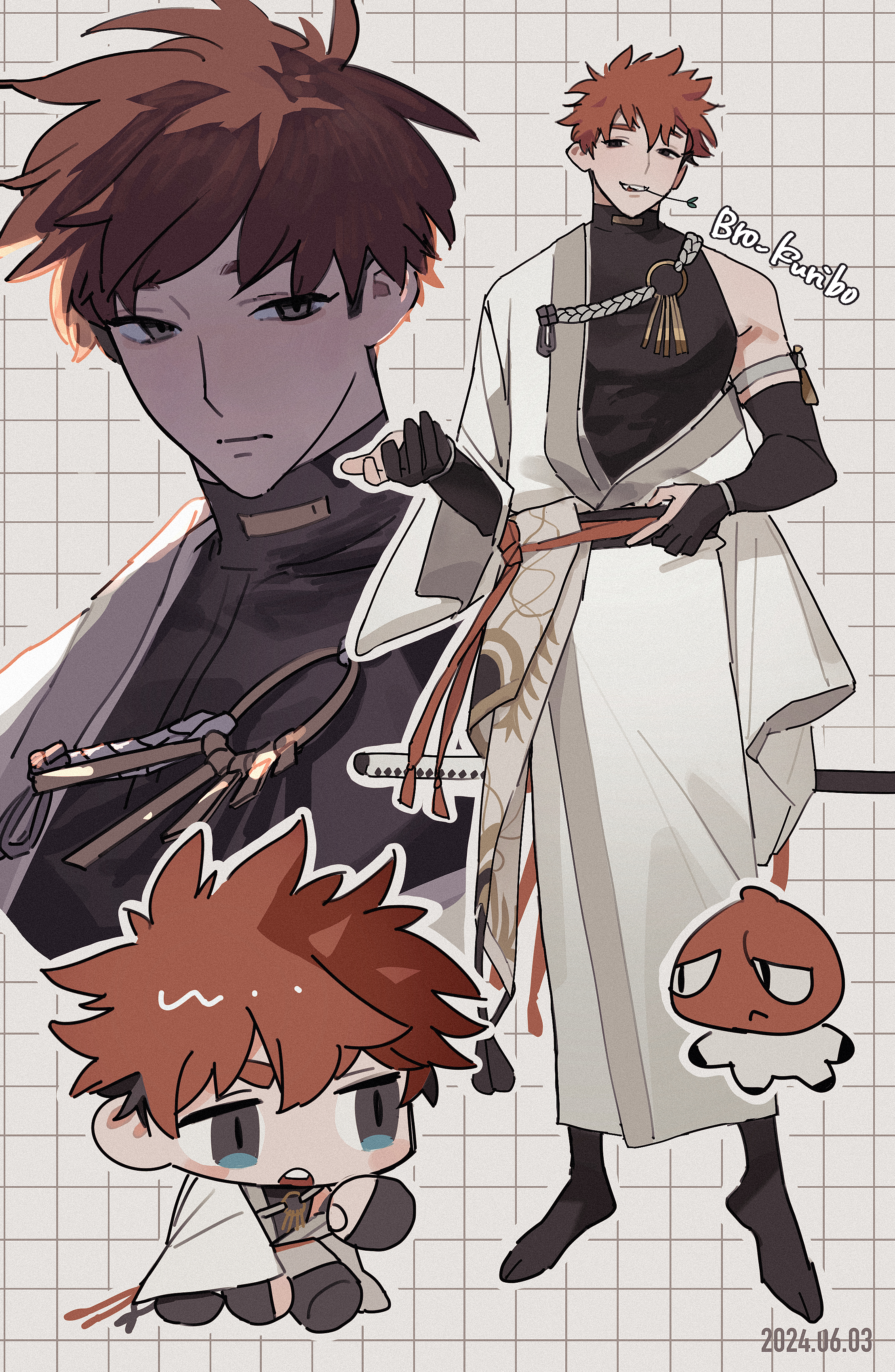 minecraft youtube, absurdres, highres, 1boy, 50-nin craft, :<, adjusting clothes, aiguillette, arm strap, backlighting, black gloves, black sash, black shirt, black socks, bracelet, bro kuribo, character name, chibi, chibi inset, closed mouth, covered pectorals, dated, elbow gloves, eye contact, full body, gloves, grey eyes, grid background, hadanugi dousa, japanese clothes, jewelry, katana, kimono, long sleeves, looking at another, looking at viewer, looking to the side, male focus, mouth hold, multiple views, namegata, no shoes, obi, open kimono, outline, parted lips, partially fingerless gloves, pectorals, projected inset, red hair, sash, scabbard, sheath, sheathed, shirt, short bangs, short hair, single bare shoulder, socks, spiked hair, stalk in mouth, standing, sword, teeth, thick eyebrows, tight clothes, tight shirt, turtleneck, turtleneck shirt, undershirt, very short hair, weapon, white background, white kimono, white outline